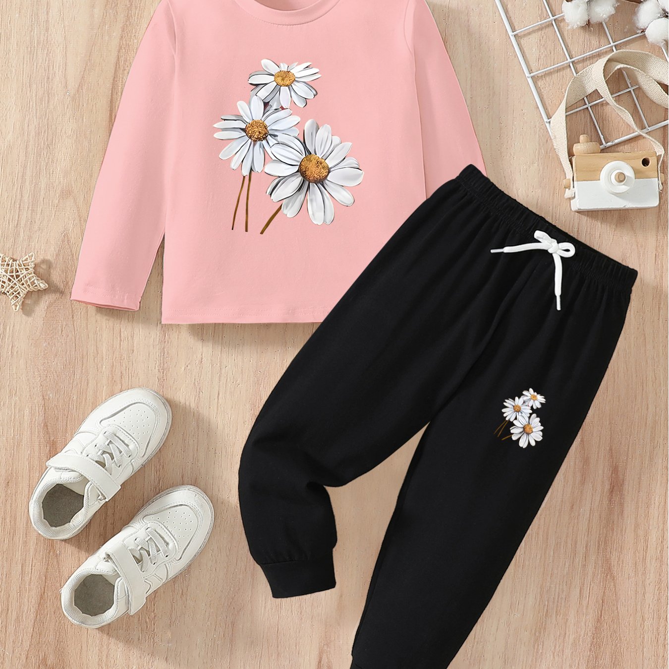 Girls’ 2PCS Outfit – Floral Print Long Sleeve Tee & Joggers, Comfy Fall/Winter Wear