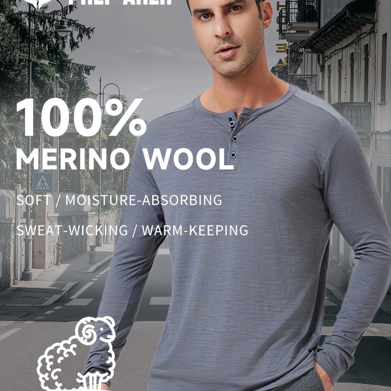 Men's Merino Wool Quick-Dry Long-Sleeve Henley Thermal Base Layer – Autumn/Winter Skiing Essential