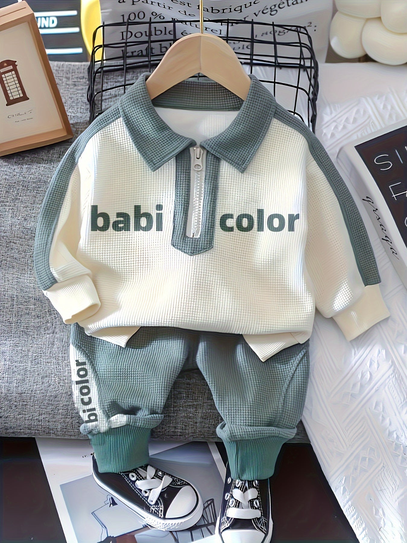 Boys’ Two-Piece Long Sleeve Set – Lapel Letter Print Outfit for Spring/Autumn Outdoor Wear