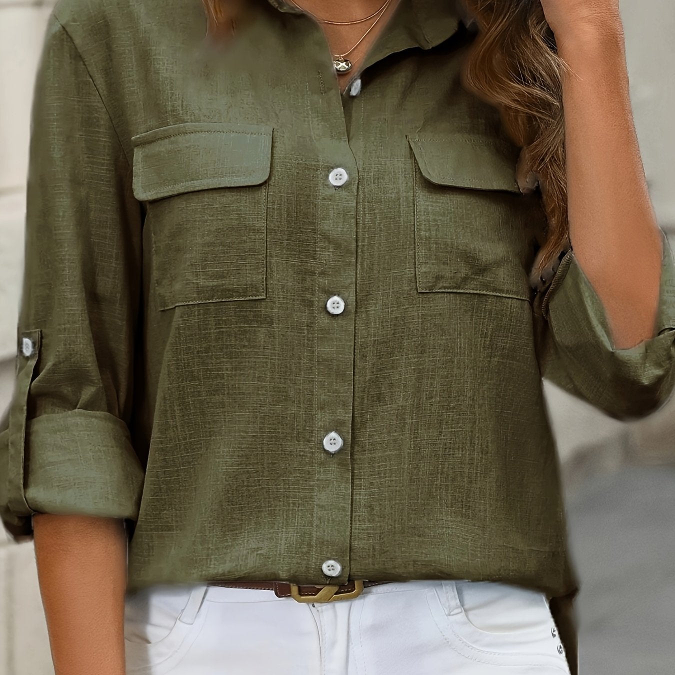 Blusa de manga comprida com botões para mulher – Camisa elegante para escritório e casual com gola clássica