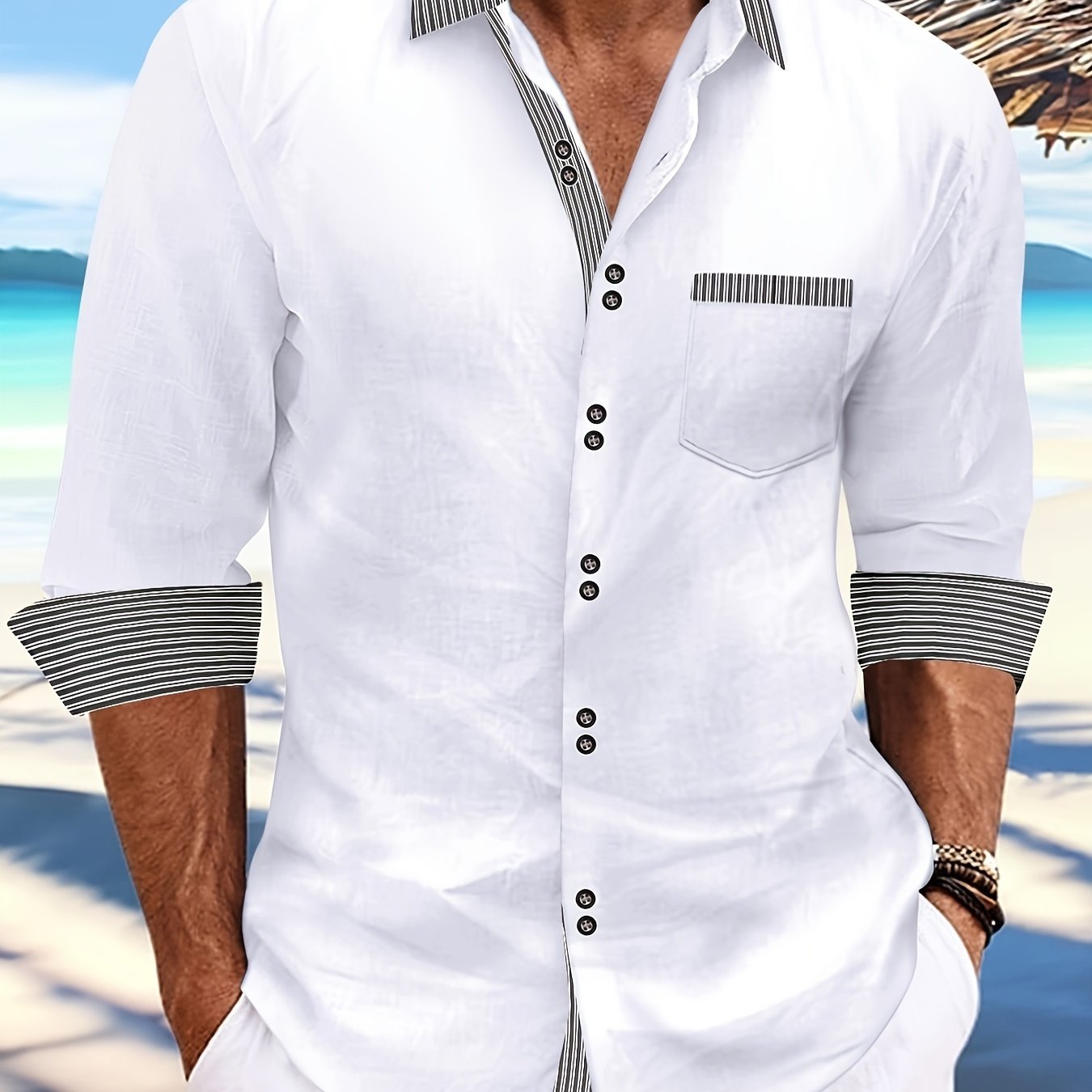 Camisa de homem com dois botões à frente – gola clássica, manga comprida, uso casual e para escritório, primavera/outono