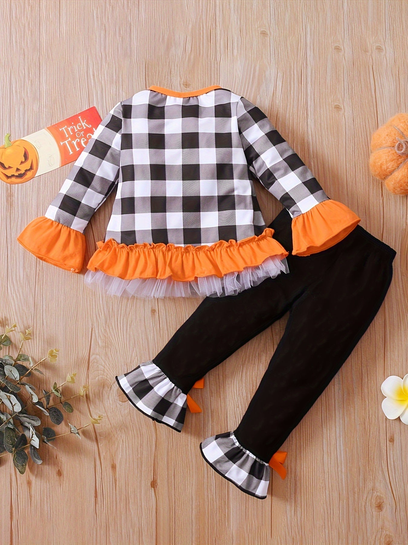 🎃 Girls' Halloween Plaid Pumpkin Outfit – 2pcs Mesh Top & Flare Bow Pants Set