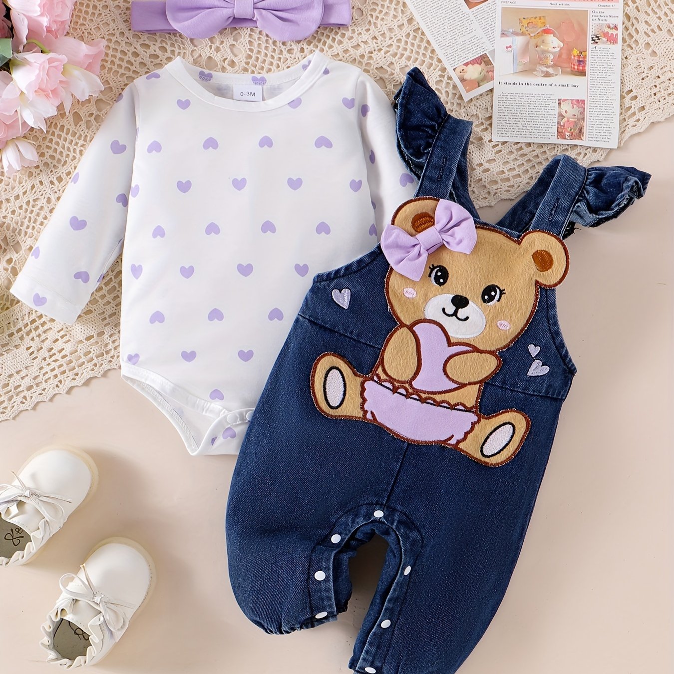 Baby Girl Two-Piece Outfit – Bear Romper & Denim Strap Pants, 0-18 Months