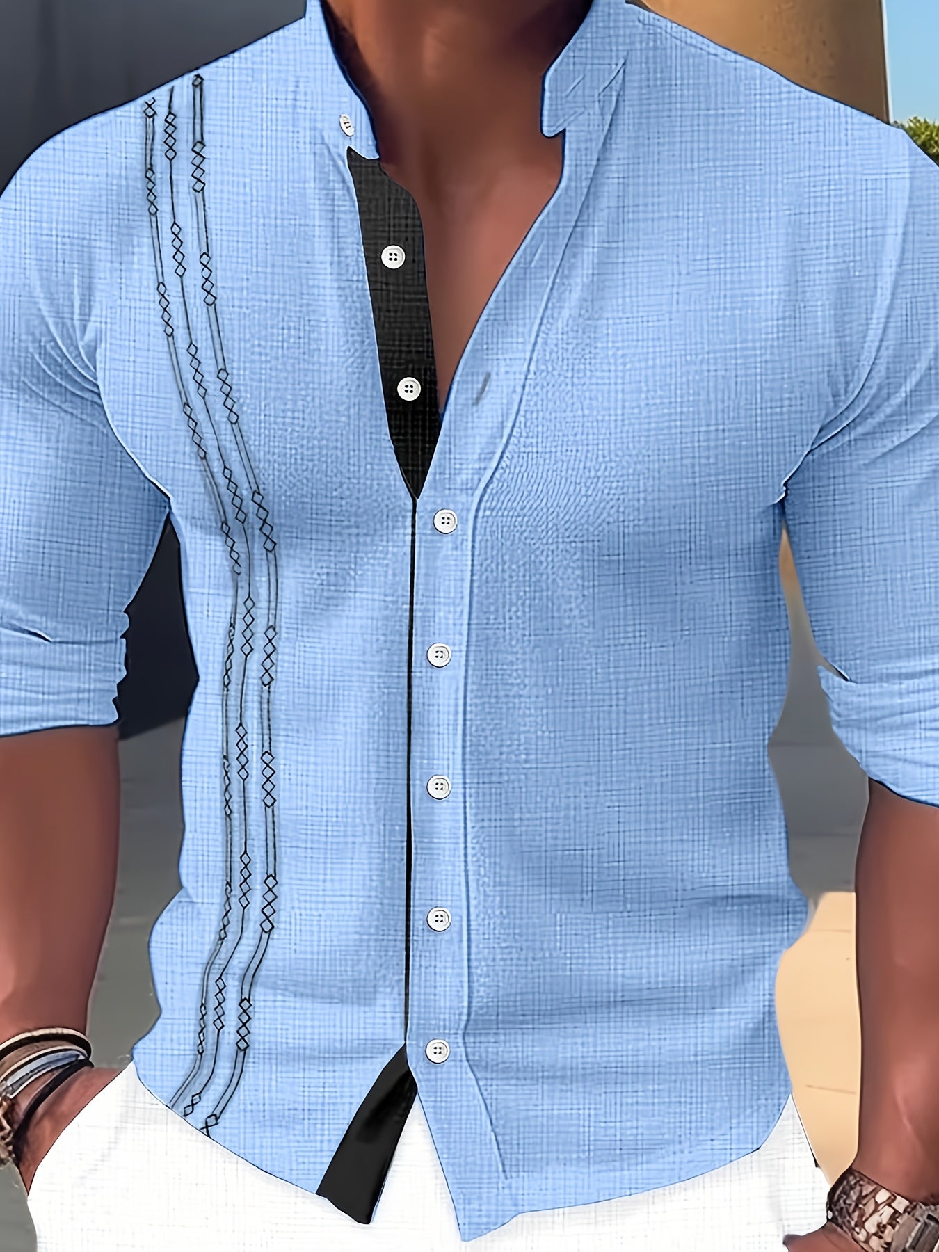 Men’s Stand Collar Button-Up Shirt – Long Sleeve Casual Dress Shirt, Regular Fit for Spring/Fall