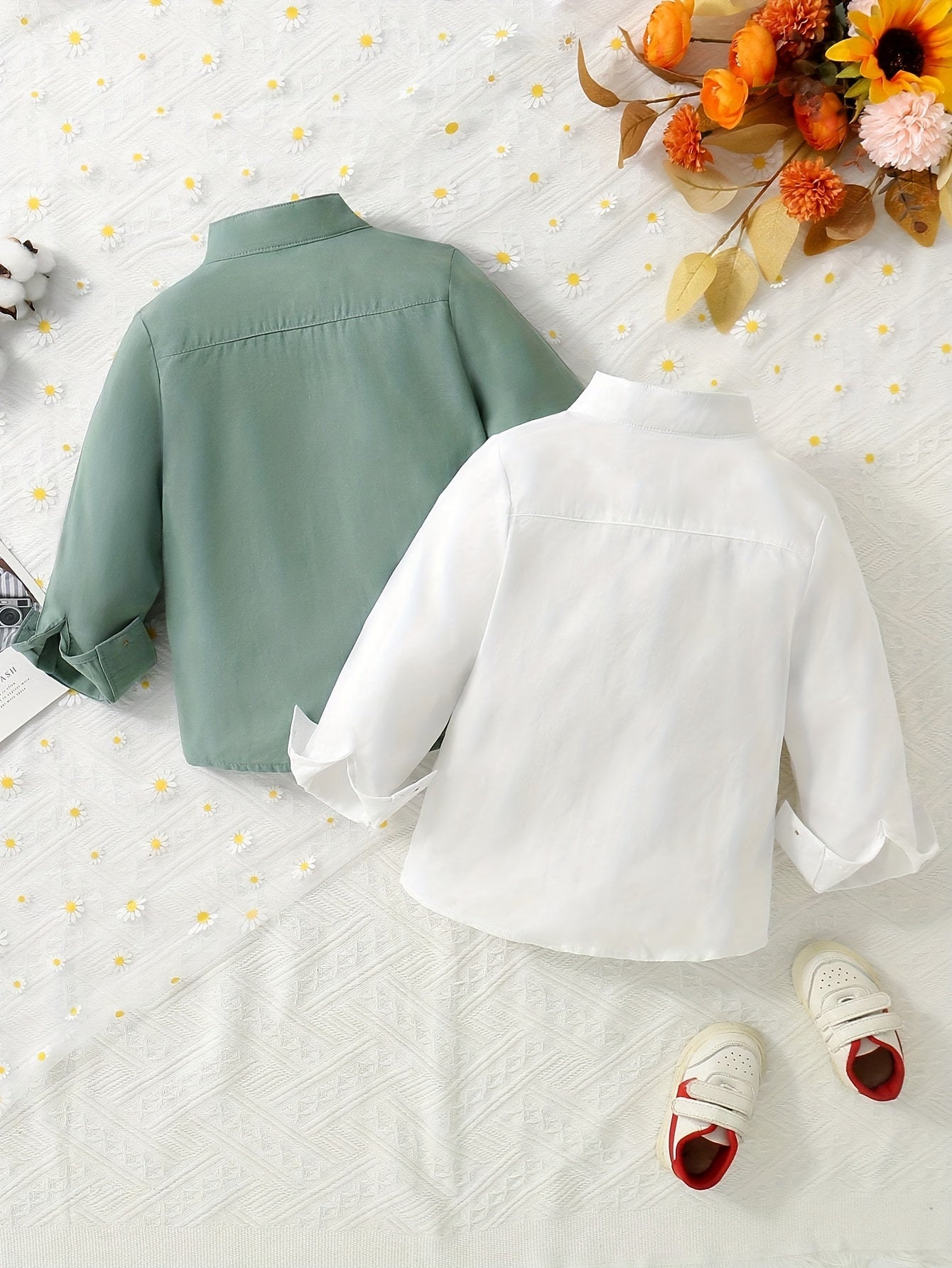 Boys’ 2PCS Stand Collar Long Sleeve Shirt Set – Casual Tops with Pockets
