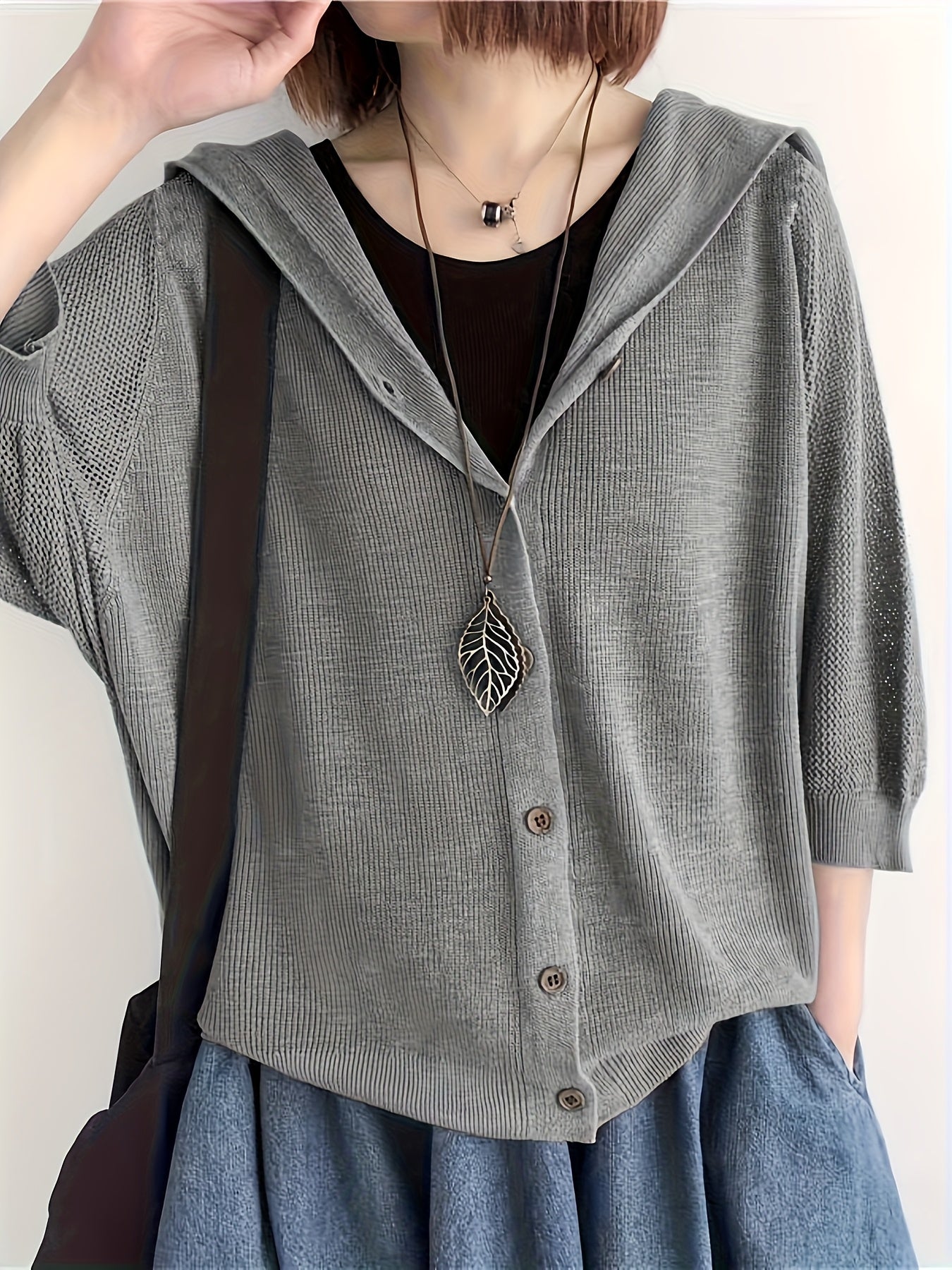 Women’s Lightweight V-Neck Cardigan – Hollow-Out 3/4 Sleeves, Stylish Spring & Fall Layer