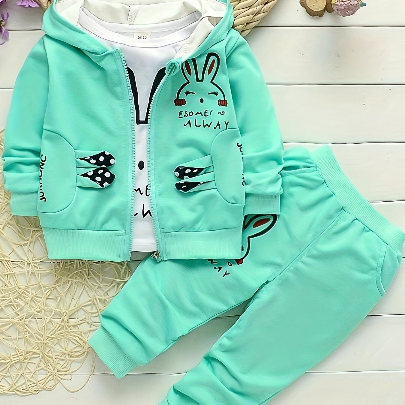 Autumn Girls' Zip-Up Rabbit Cardigan Three-Piece Set – Spring Baby Casual Outfit, Perfect for Outdoor