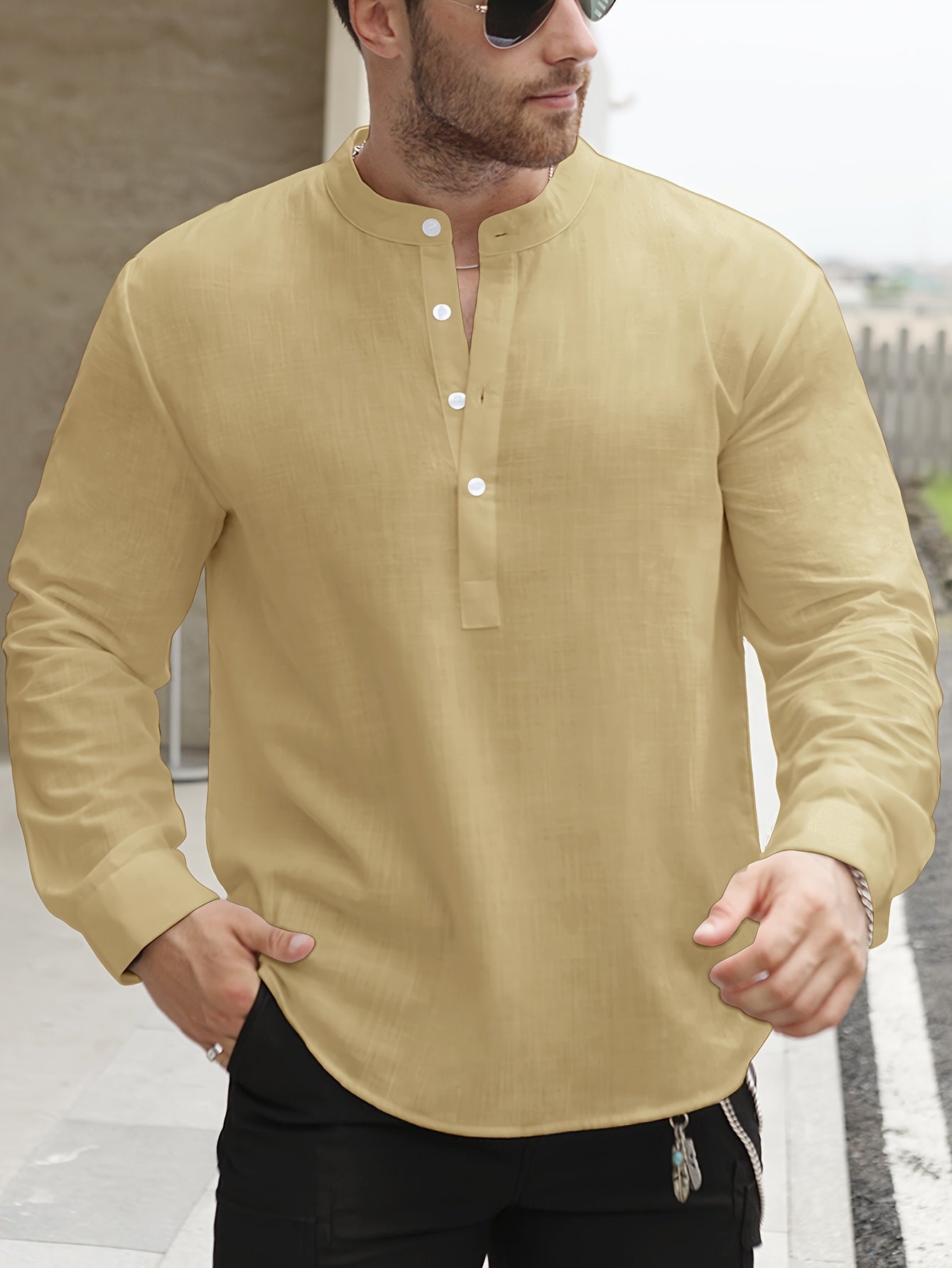 Lightweight Men’s Retro Shirt – Stand Collar Half-Sleeve, Solid Color with Bamboo Pattern