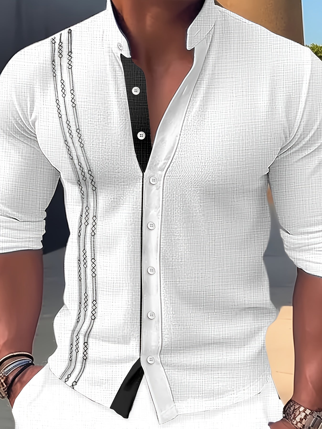 Men’s Stand Collar Button-Up Shirt – Long Sleeve Casual Dress Shirt, Regular Fit for Spring/Fall