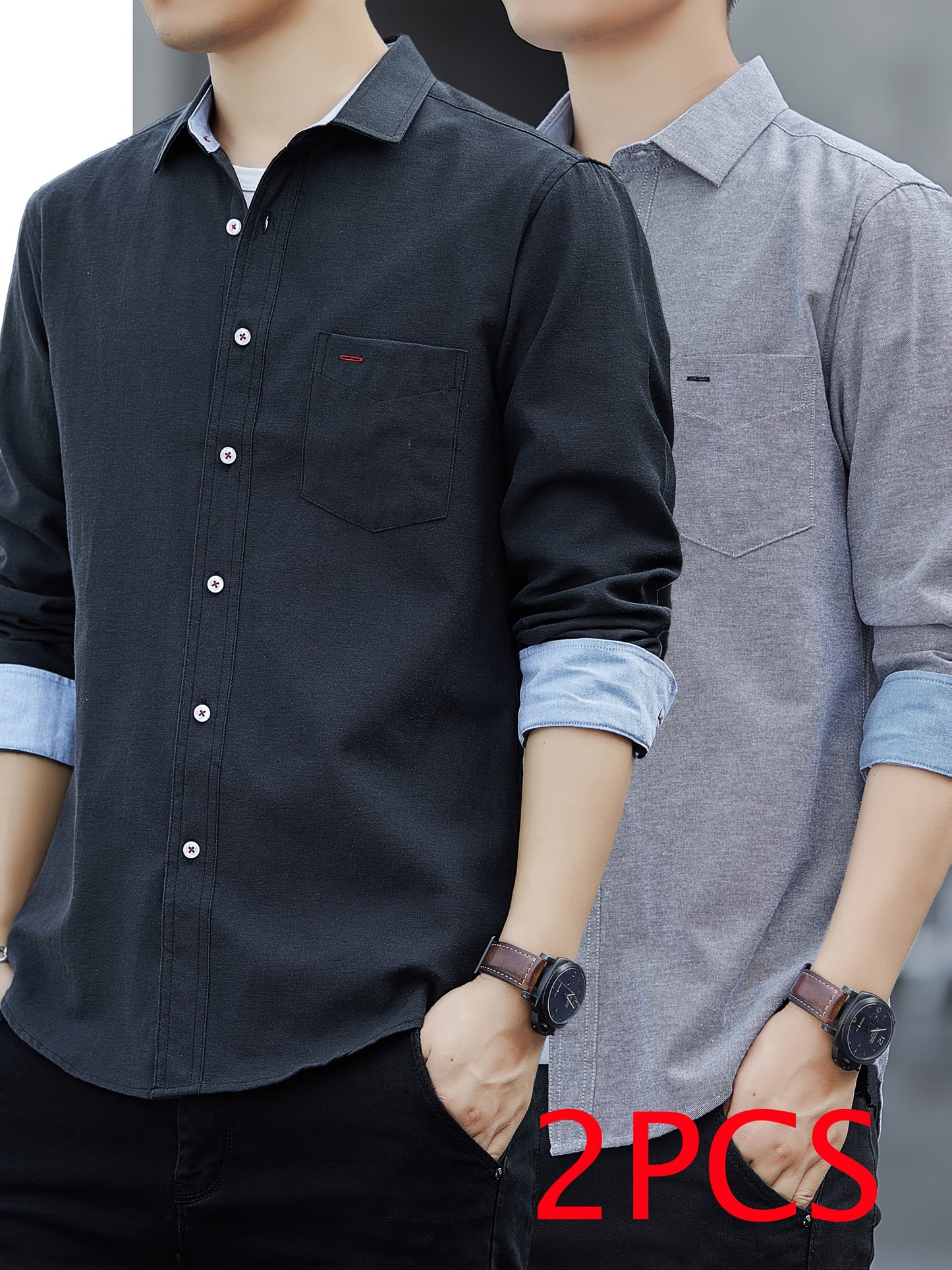Men's Casual Button-Up Shirt with Contrast Cuffs & Chest Pocket – Embroidered Long Sleeve 2pcs Set, All-Season Wear