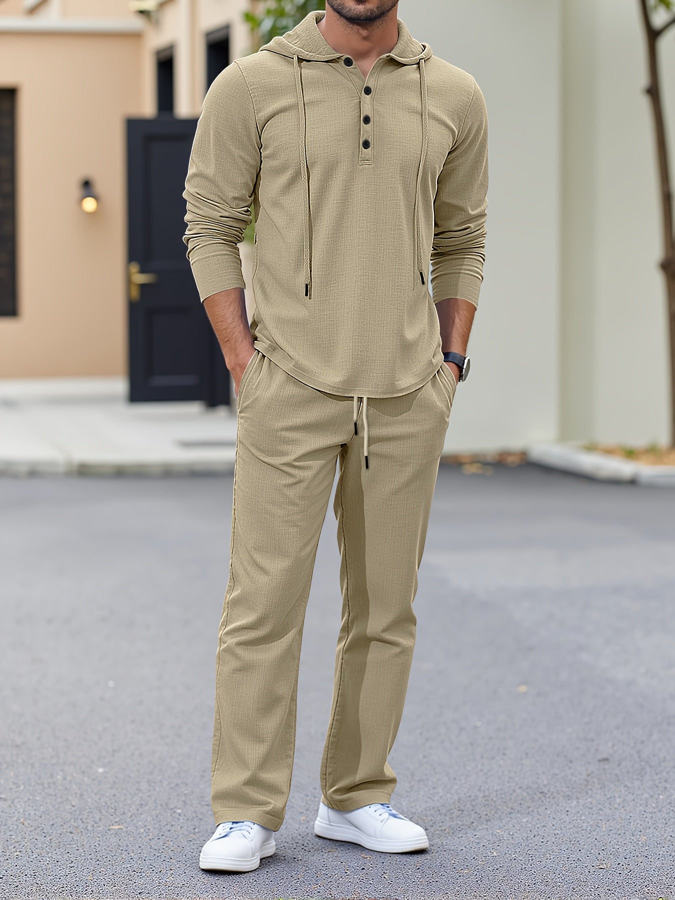 Men’s Summer Linen 2pcs Set – Hooded Long Sleeve Shirt & Drawstring Pants