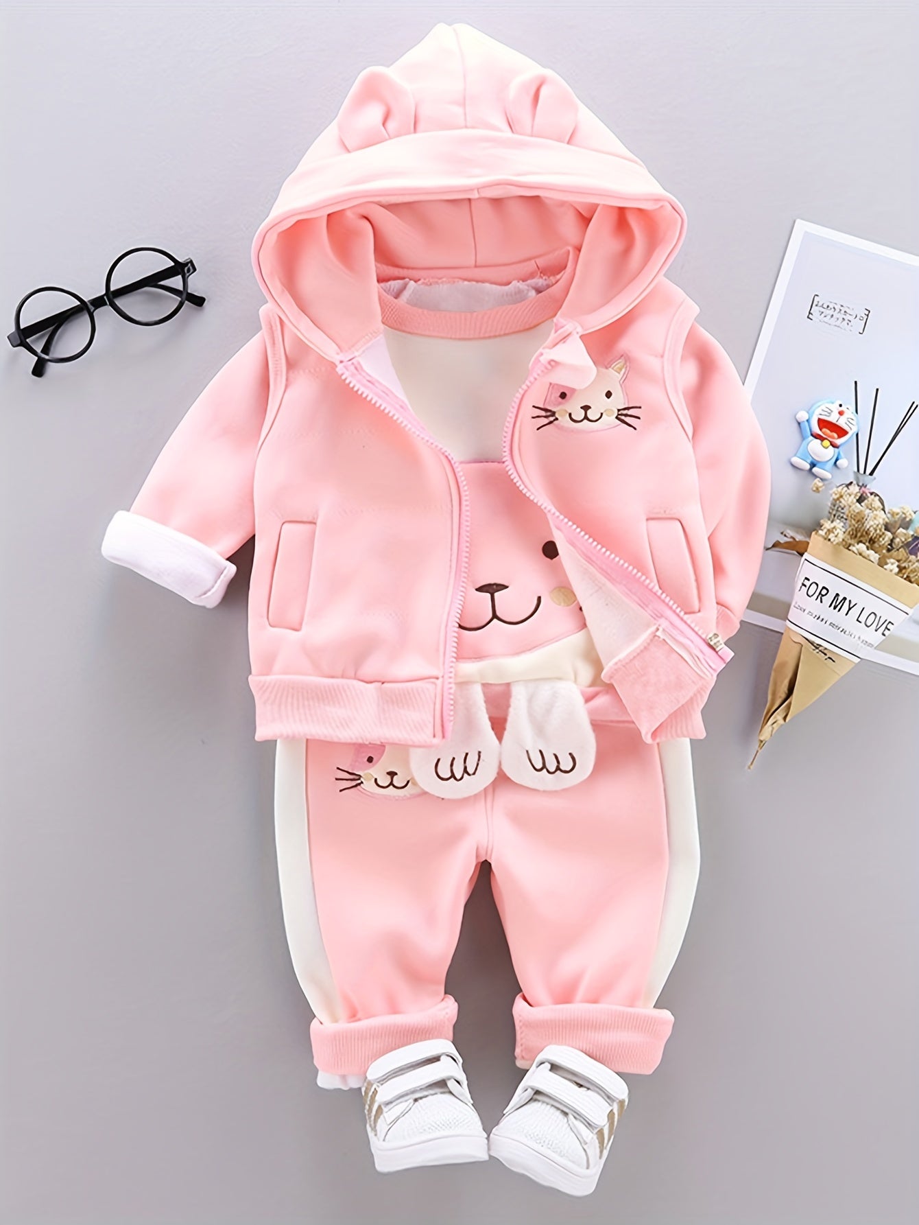 🐱 3pcs Cozy Cat Hoodie Set – Winter Outfit for Girls