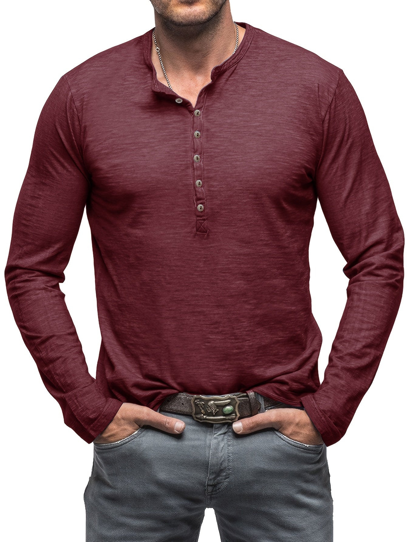 Solid Color Men's Long Sleeve Henley Shirt – Comfy, All-Match Casual Wear for Spring & Fall