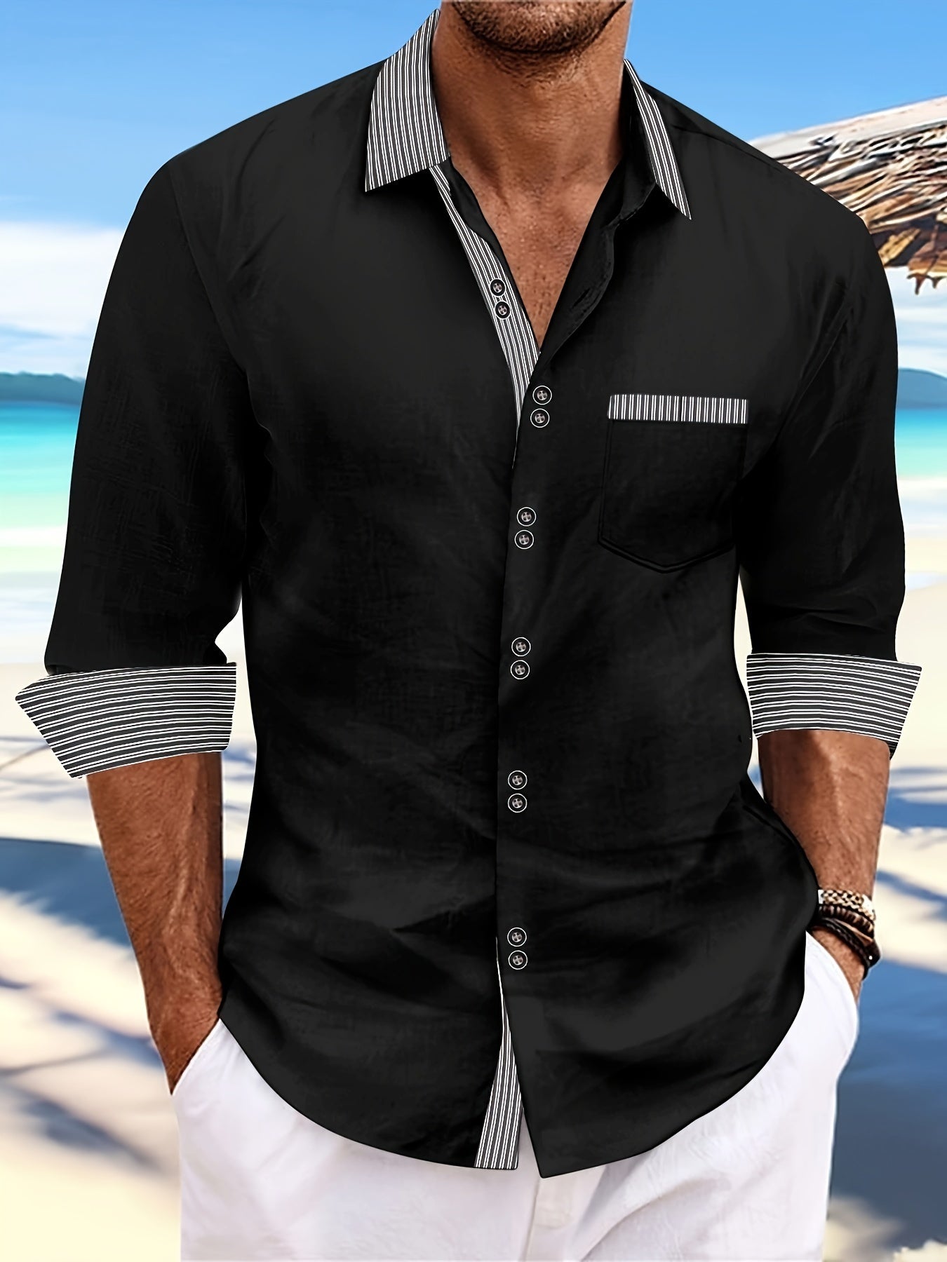 Camisa de homem com dois botões à frente – gola clássica, manga comprida, uso casual e para escritório, primavera/outono