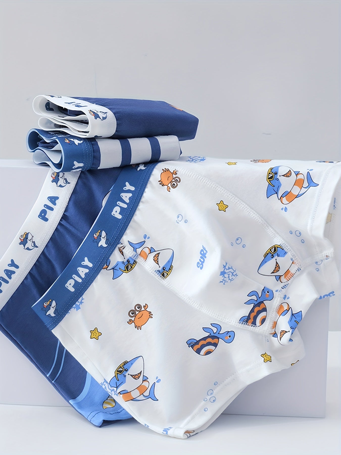 Boys' Cartoon Underwater Boxer Briefs 4pcs – Soft Cotton, Marine Life Print