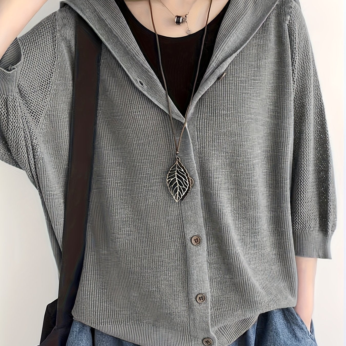 Women’s Lightweight V-Neck Cardigan – Hollow-Out 3/4 Sleeves, Stylish Spring & Fall Layer