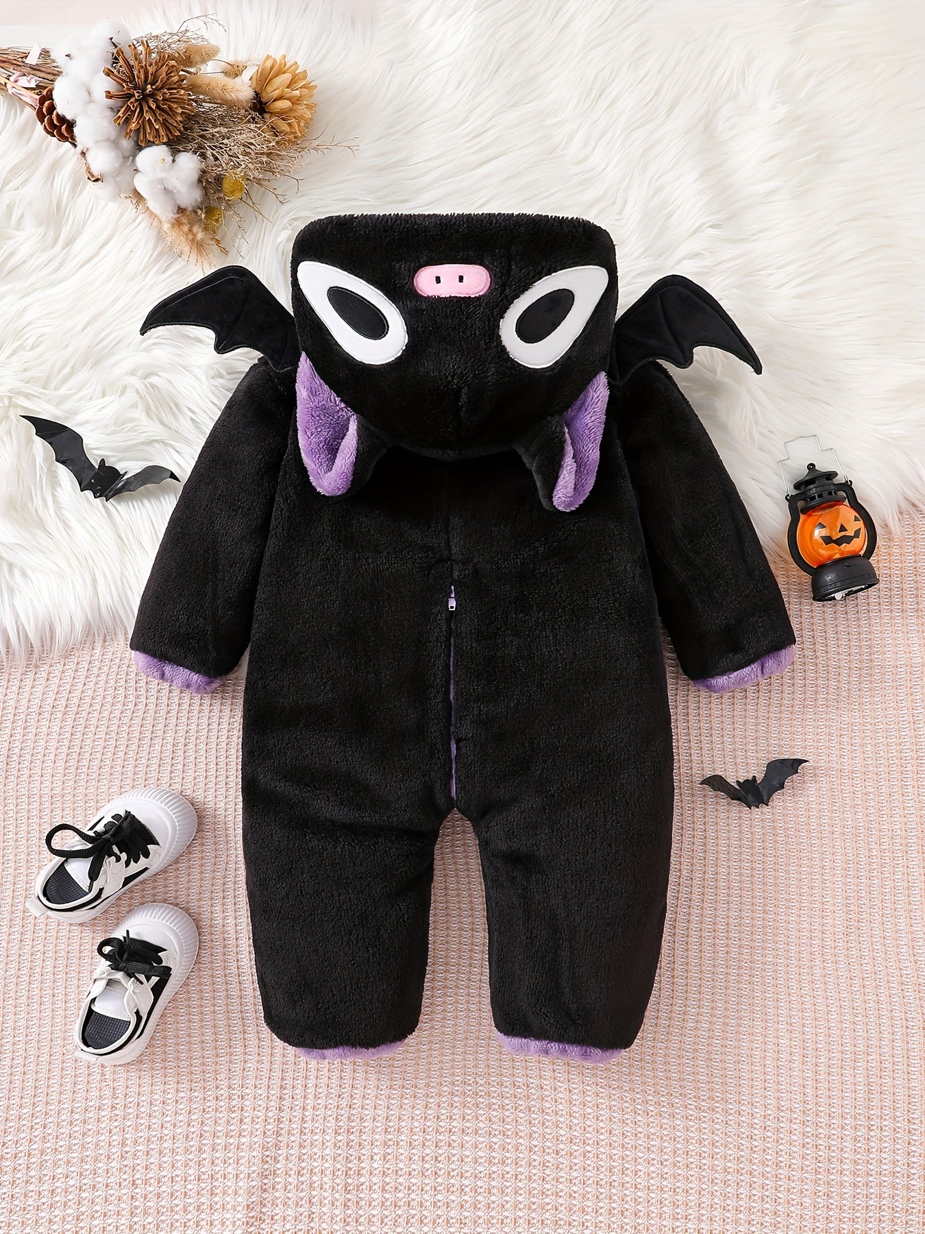 🦇 Baby Bat Plush Jumpsuit – Soft Fleece Hooded Outfit with Skull Pockets