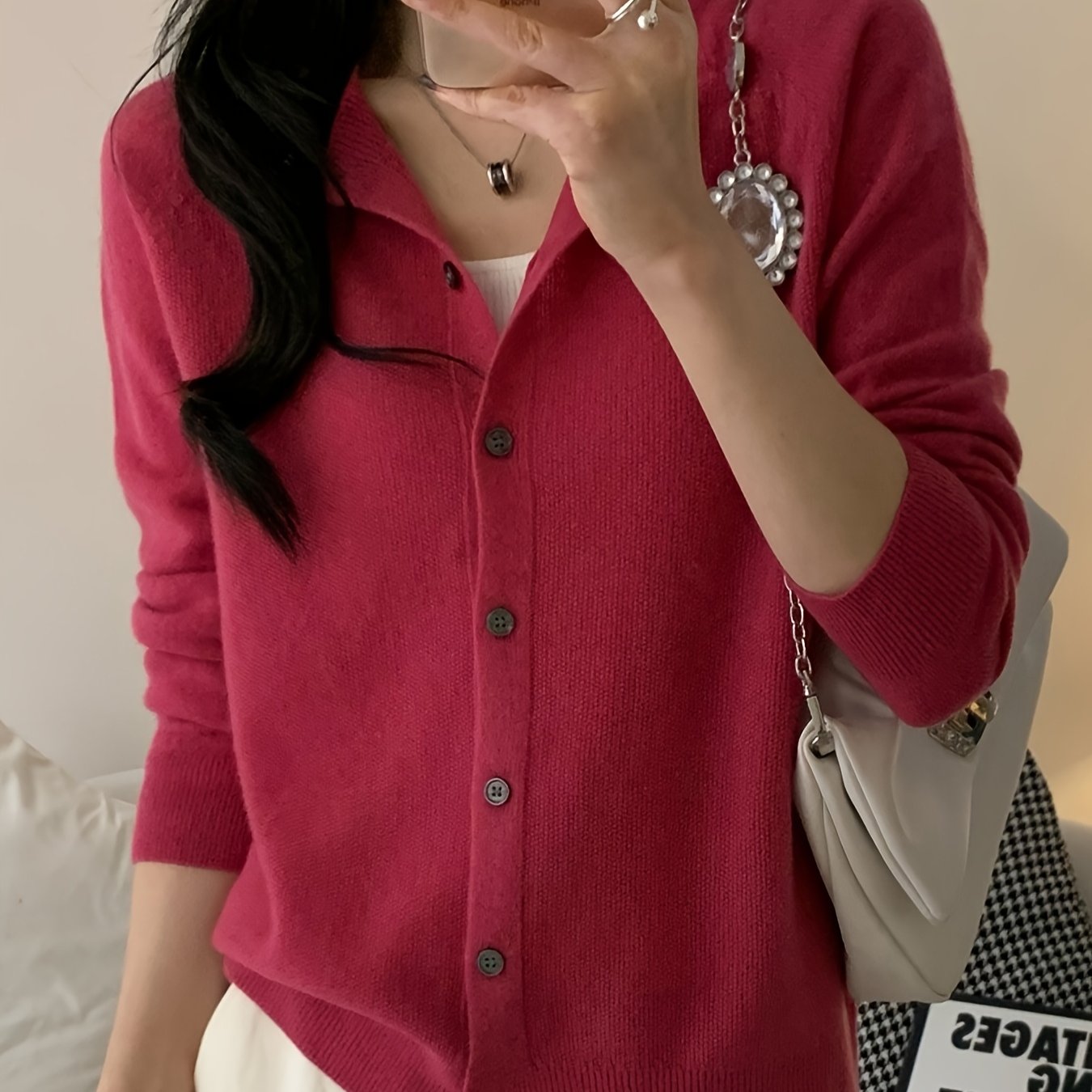 Women’s 100% Wool Cardigan – Round Neck Long Sleeve Button-Up Sweater, All-Season Casual Wear