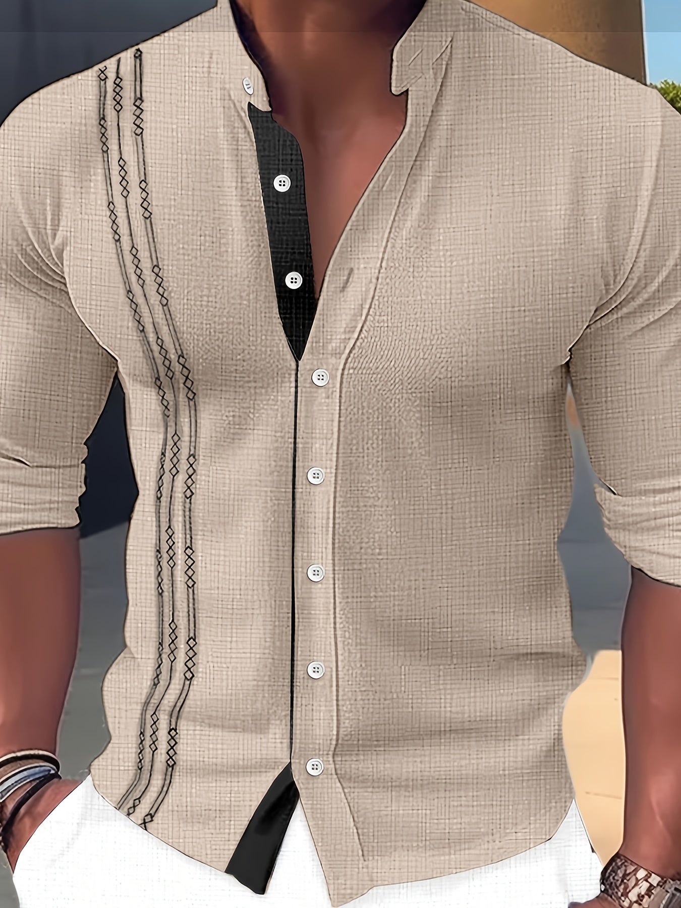 Men’s Stand Collar Button-Up Shirt – Long Sleeve Casual Dress Shirt, Regular Fit for Spring/Fall