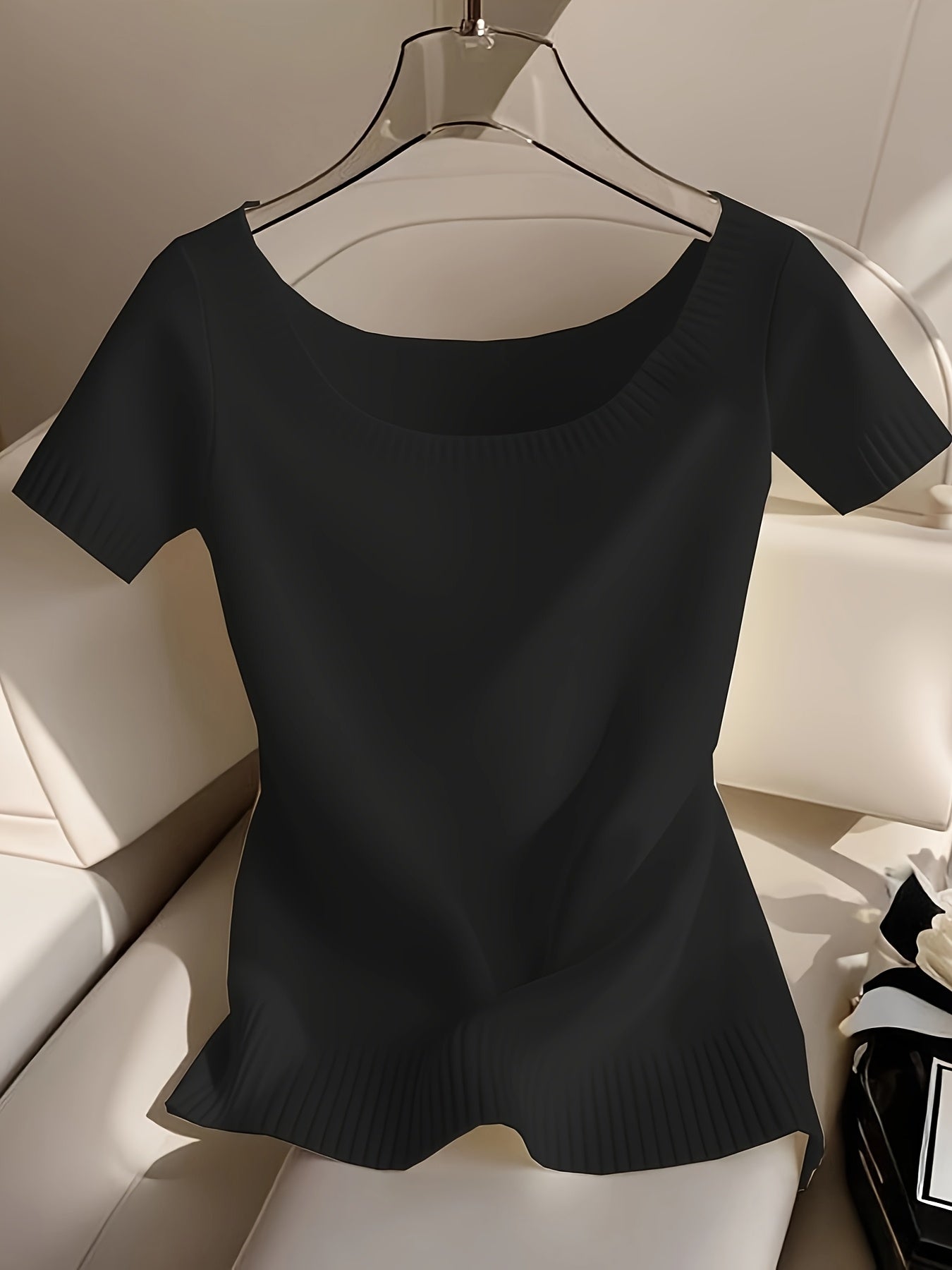 Women’s Elegant Ribbed Top – Short Sleeve Round Neck Casual Summer Blouse