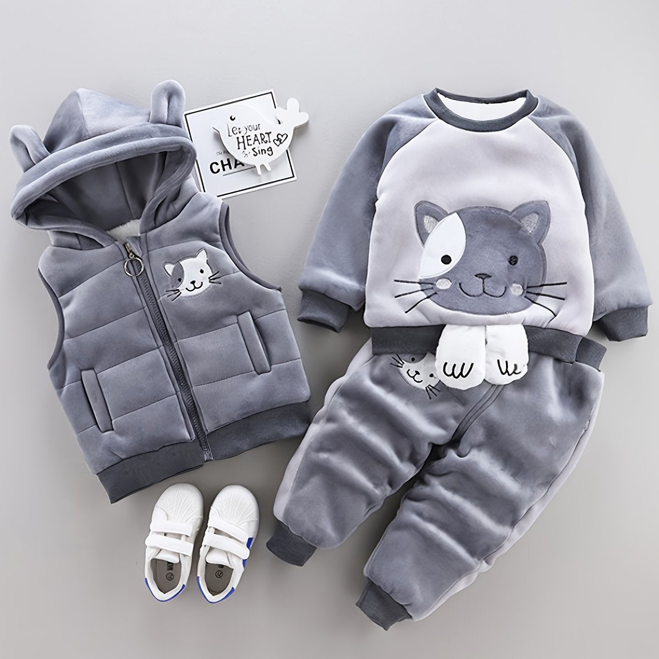 🐱 3pcs Cozy Cat Hoodie Set – Winter Outfit for Girls