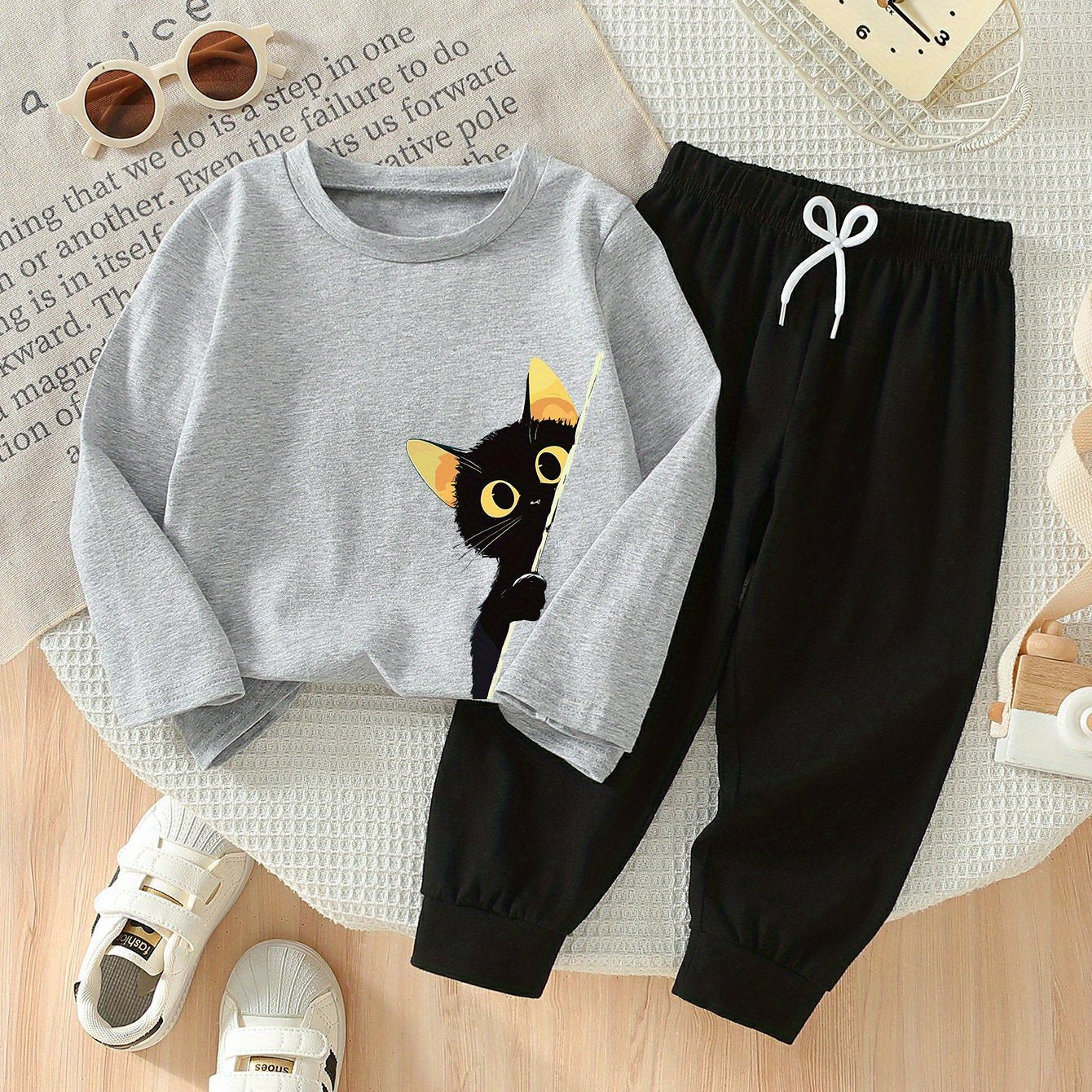 Girls’ 2PCS Outfit – Cat Print Long Sleeve Tee & Wide-Leg Pants, Spring/Fall Casual Wear