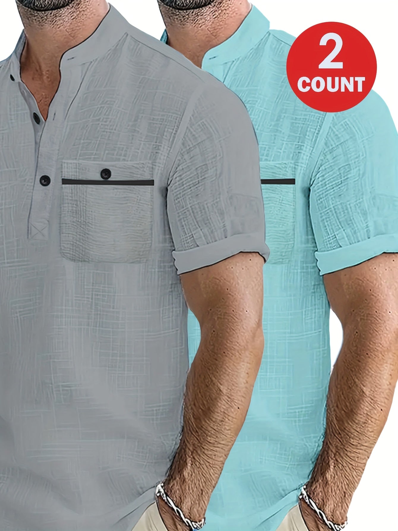 Men's 2pcs 100% Cotton Casual Set – Lightweight Moisture-Wicking Short Sleeve Shirt with Round Neck, Button & Pocket Print, Perfect for Summer Vacation