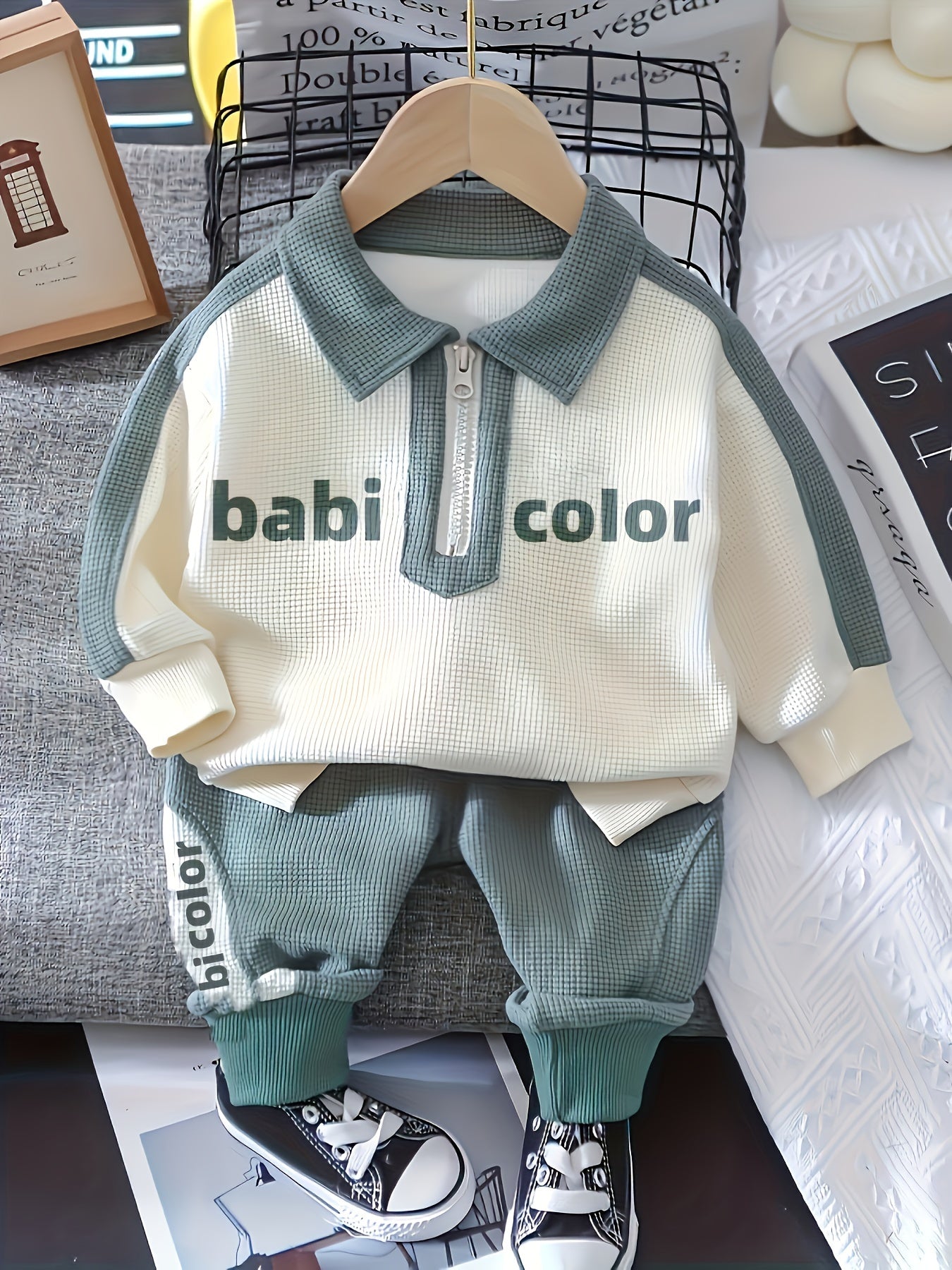 Boys’ Two-Piece Long Sleeve Set – Lapel Letter Print Outfit for Spring/Autumn Outdoor Wear