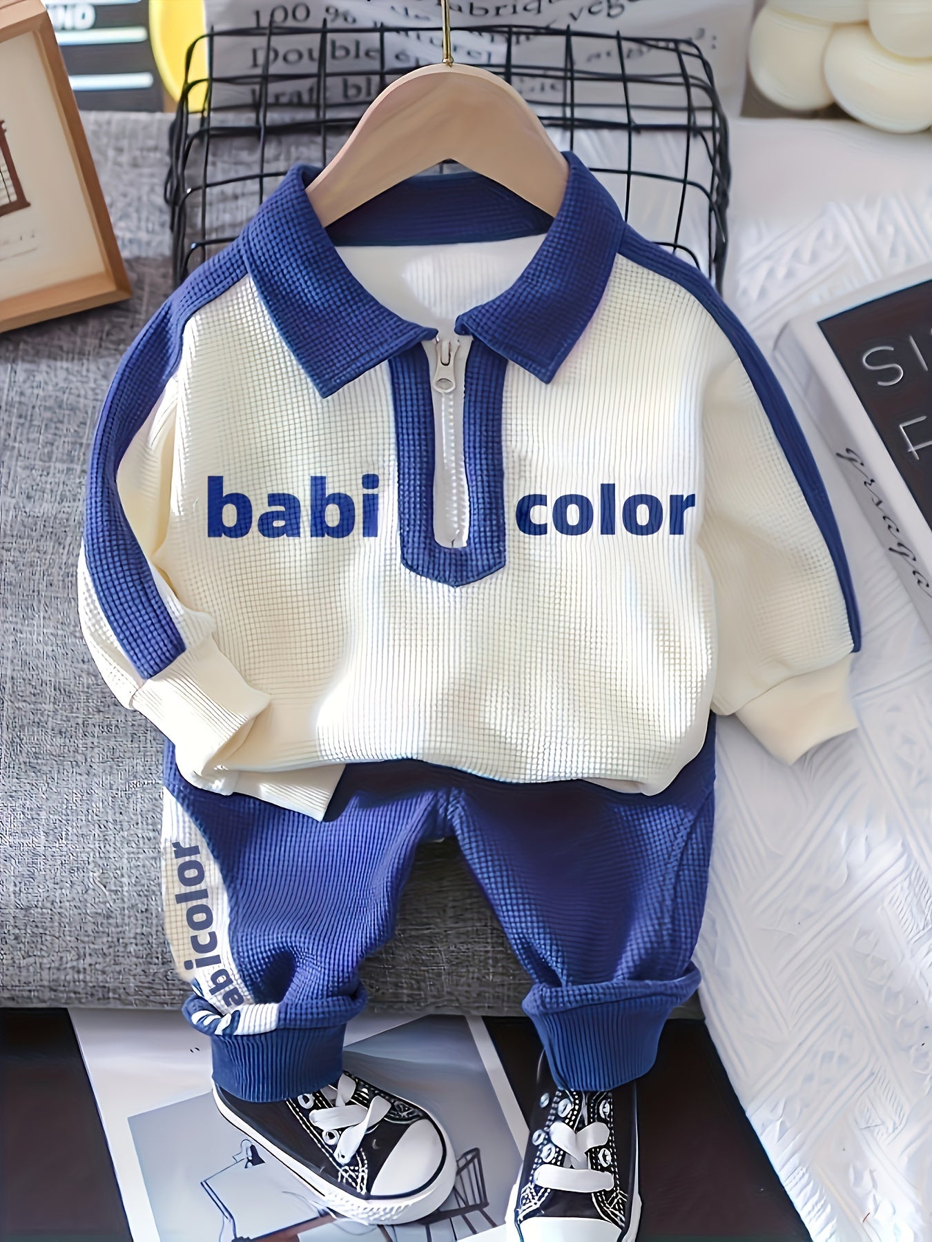 Boys’ Two-Piece Long Sleeve Set – Lapel Letter Print Outfit for Spring/Autumn Outdoor Wear