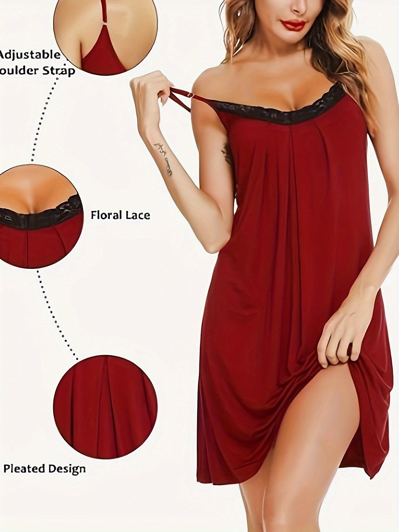 Vestido de dormir sexy modal para mulher – sem mangas, decote em V com renda, corte largo, roupa de dormir para todas as estações
