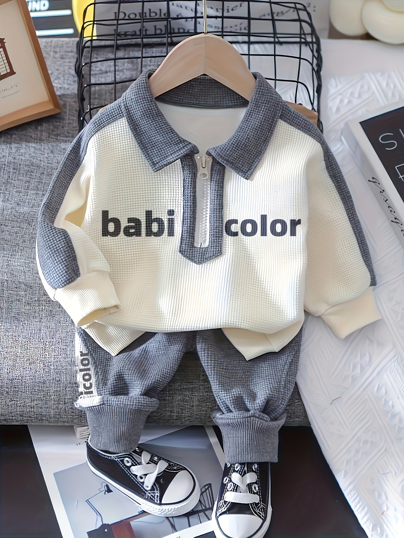 Boys’ Two-Piece Long Sleeve Set – Lapel Letter Print Outfit for Spring/Autumn Outdoor Wear