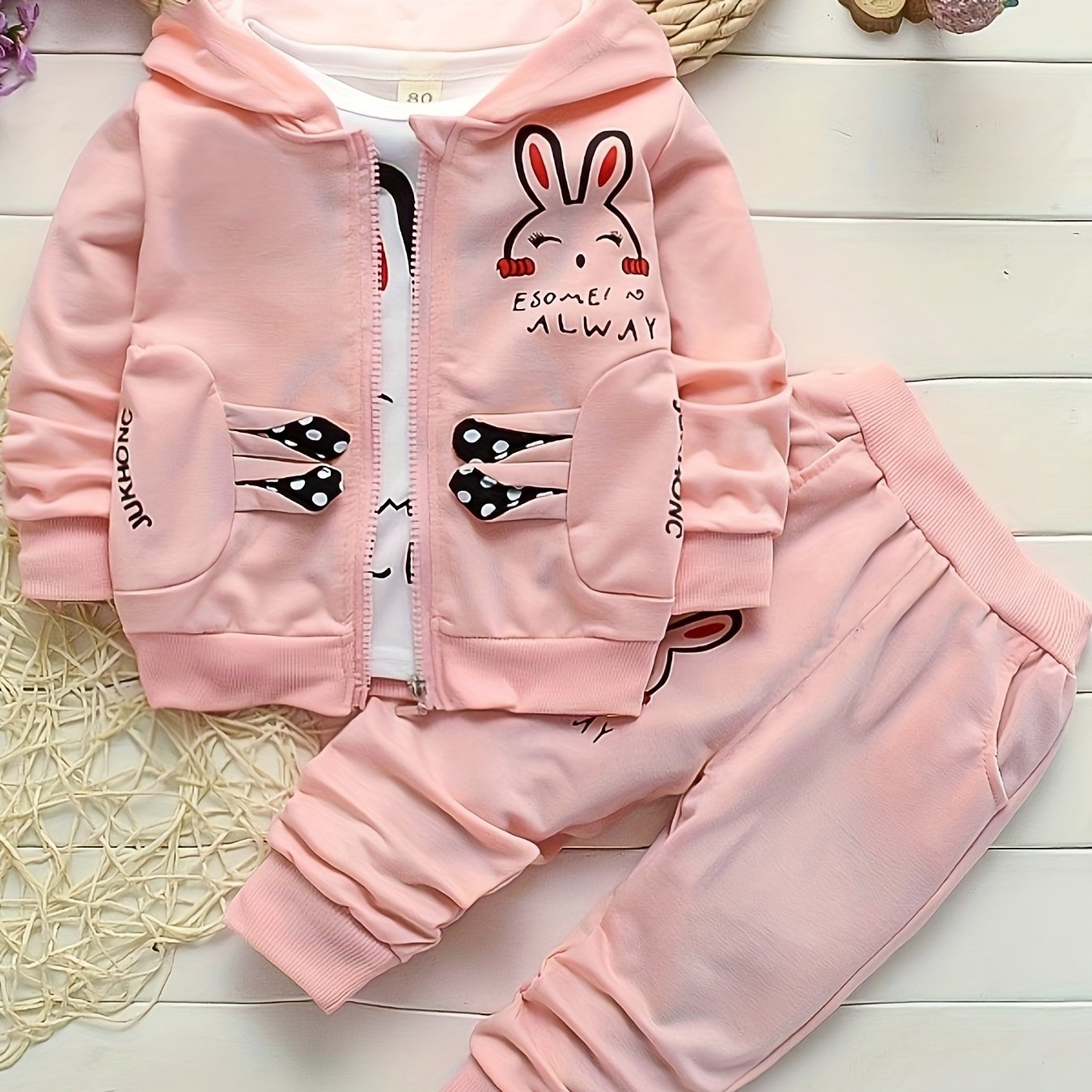 Autumn Girls' Zip-Up Rabbit Cardigan Three-Piece Set – Spring Baby Casual Outfit, Perfect for Outdoor