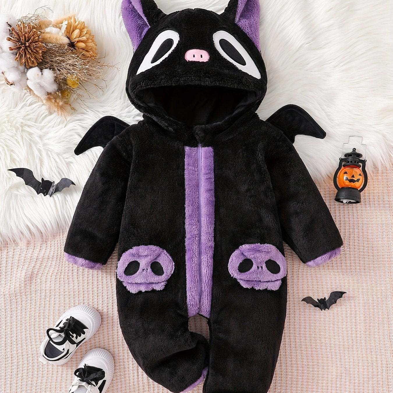 🦇 Baby Bat Plush Jumpsuit – Soft Fleece Hooded Outfit with Skull Pockets
