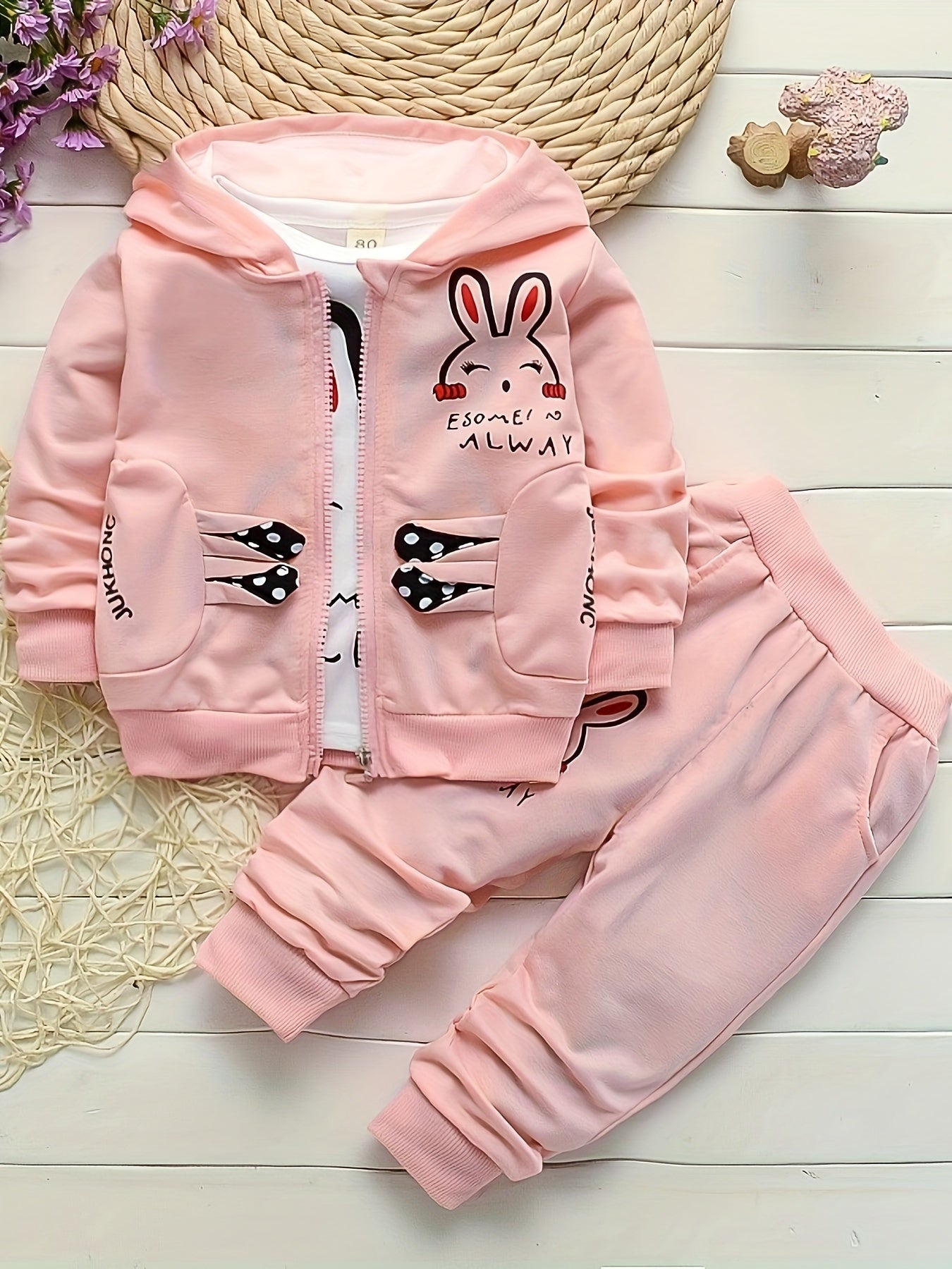 Autumn Girls' Zip-Up Rabbit Cardigan Three-Piece Set – Spring Baby Casual Outfit, Perfect for Outdoor