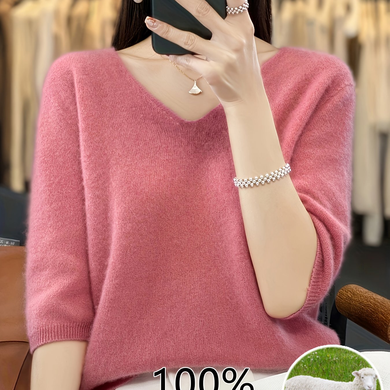 Camisola de malha 100% lã com decote em V para mulher – Pulôver leve de manga curta para uso casual em camadas