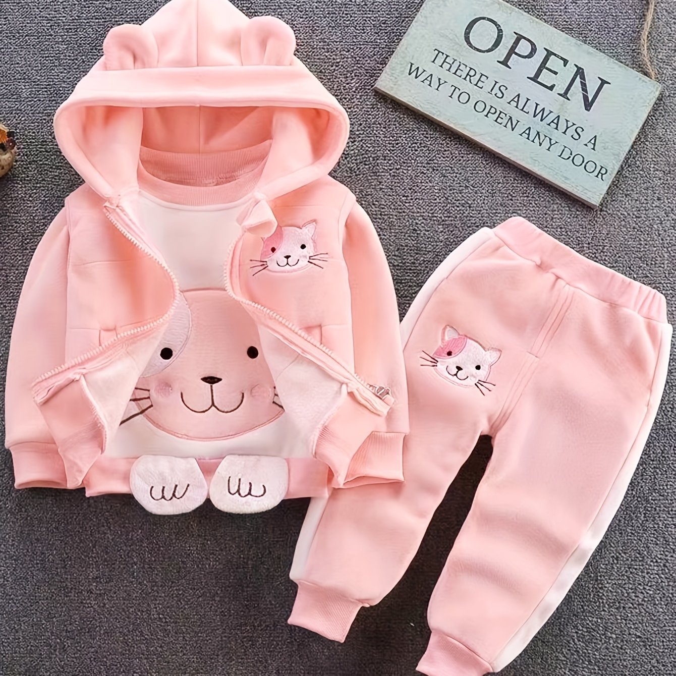 🐱 3pcs Cozy Cat Hoodie Set – Winter Outfit for Girls