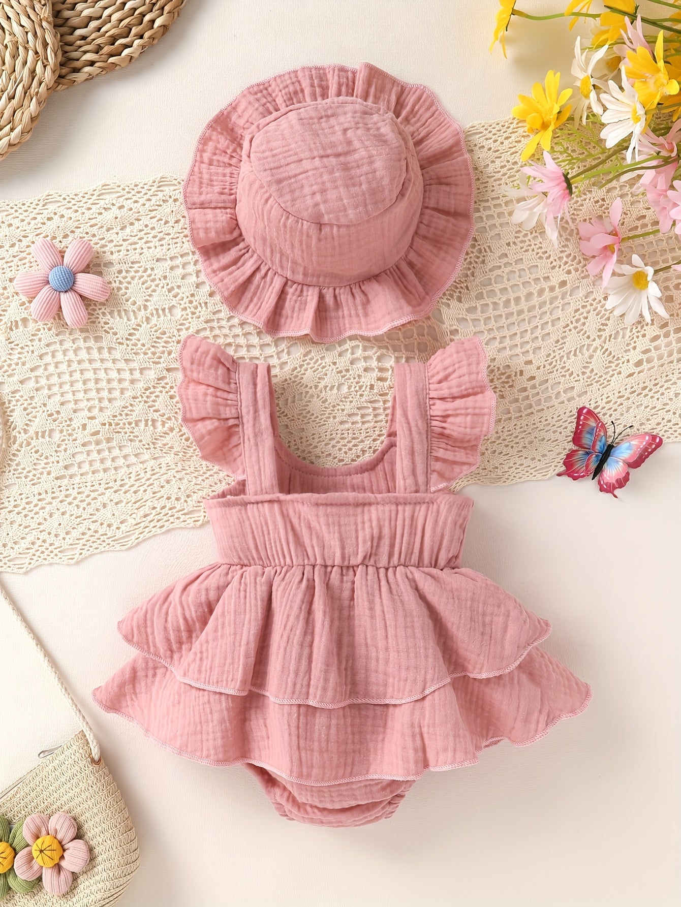 2pcs Little Girl Ruffle Strap Dress & Hat Set – Soft, Comfortable, Fashionable Outfit