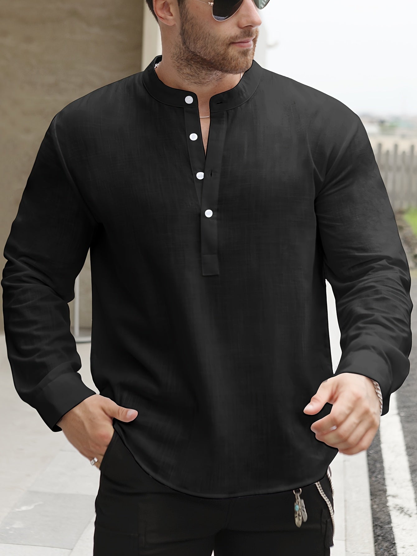 Lightweight Men’s Retro Shirt – Stand Collar Half-Sleeve, Solid Color with Bamboo Pattern