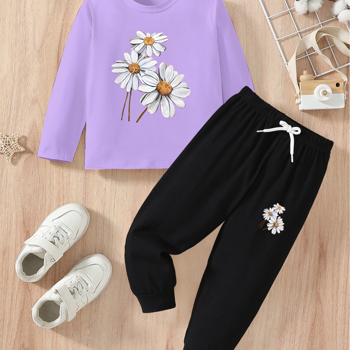 Girls’ 2PCS Outfit – Floral Print Long Sleeve Tee & Joggers, Comfy Fall/Winter Wear