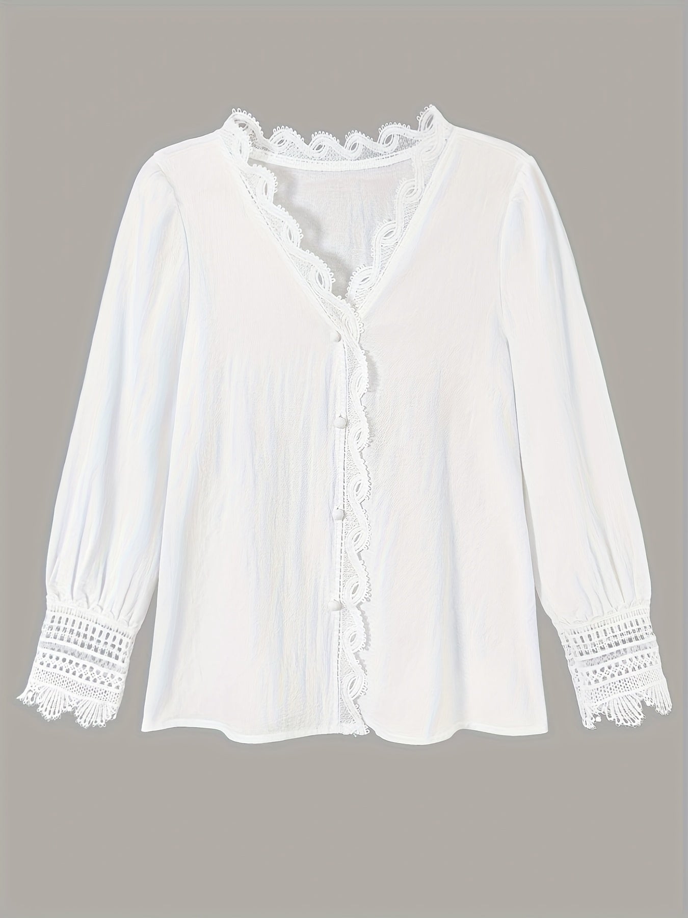 Women’s Lace V-Neck Long Sleeve Pullover – Elegant Home & Office Shirt