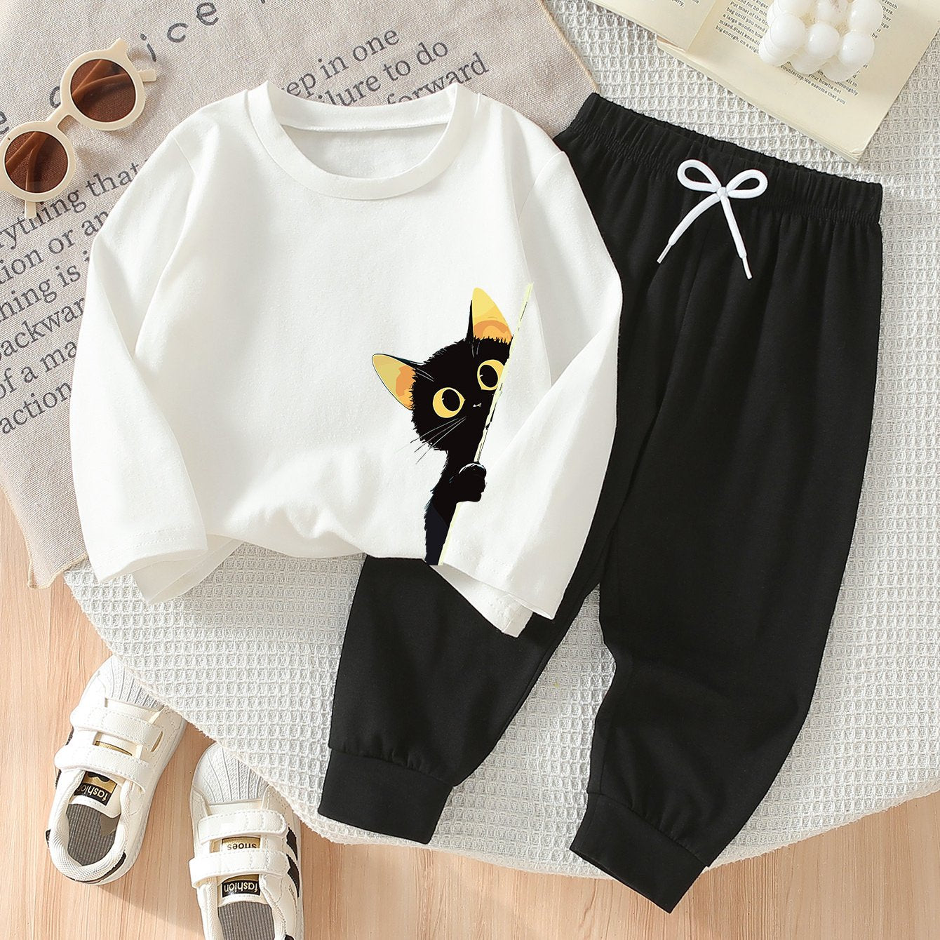 Girls’ 2PCS Outfit – Cat Print Long Sleeve Tee & Wide-Leg Pants, Spring/Fall Casual Wear