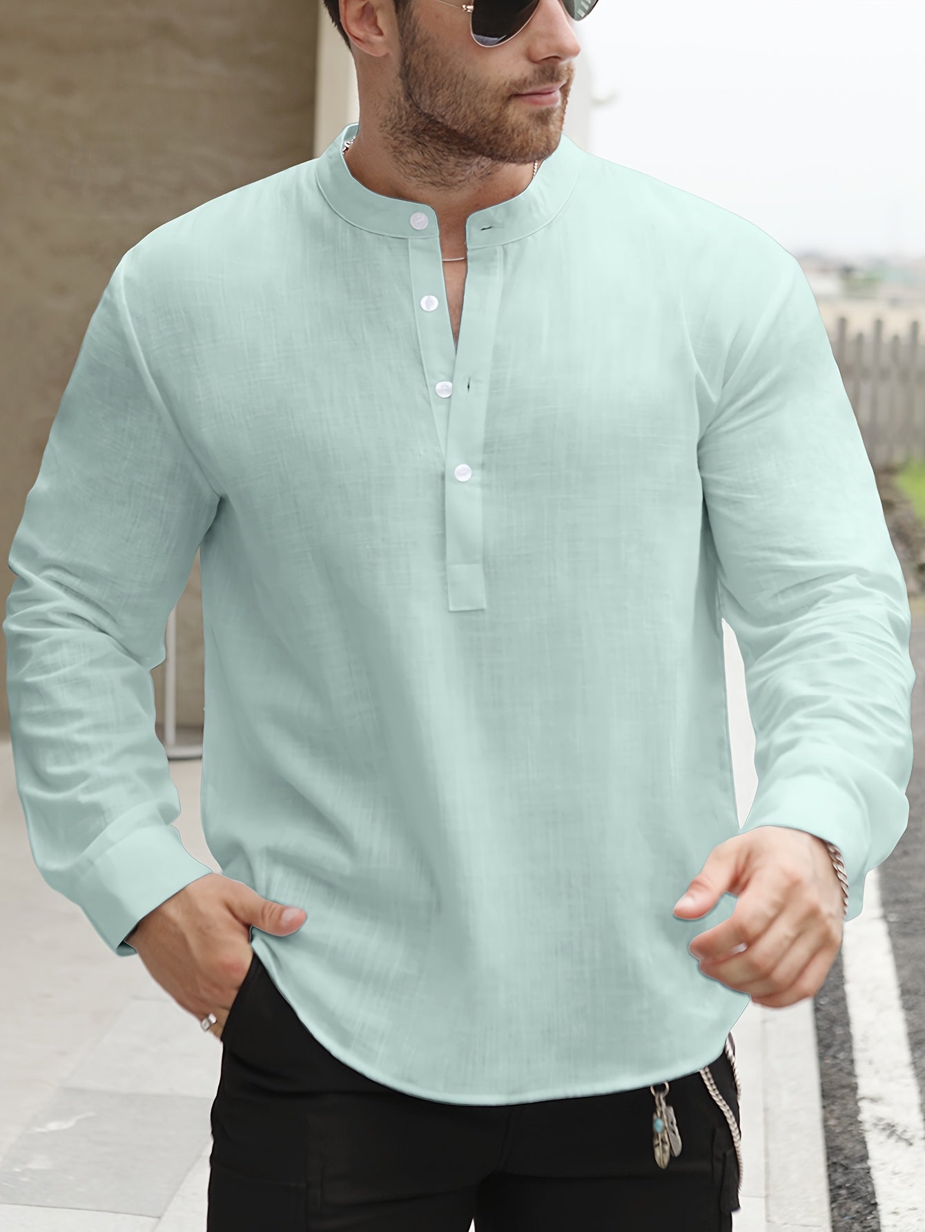 Lightweight Men’s Retro Shirt – Stand Collar Half-Sleeve, Solid Color with Bamboo Pattern