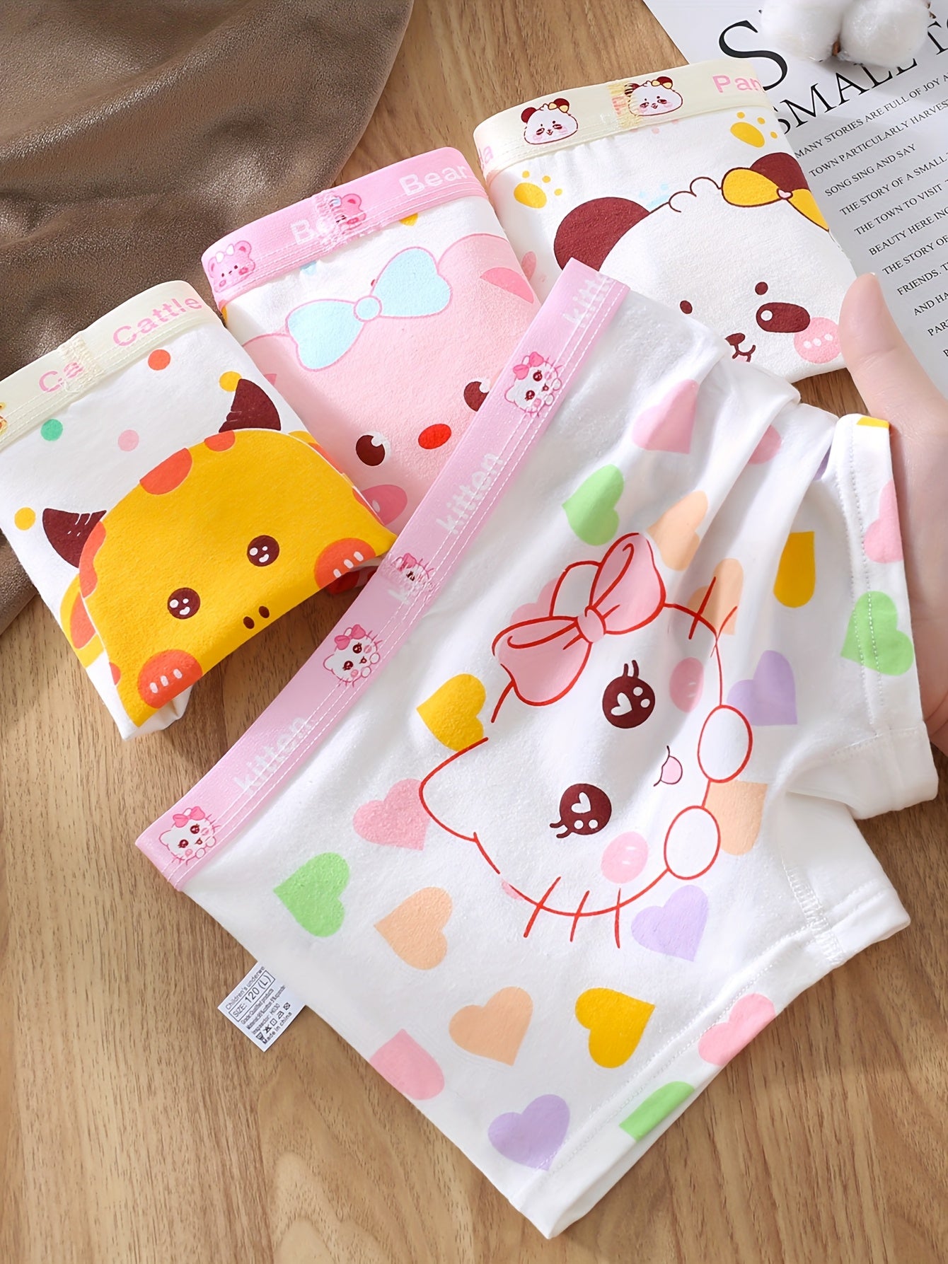 4pcs Girls' Cartoon Animal Boxer Briefs – Soft Cotton, Comfortable Everyday Underwear for Kids