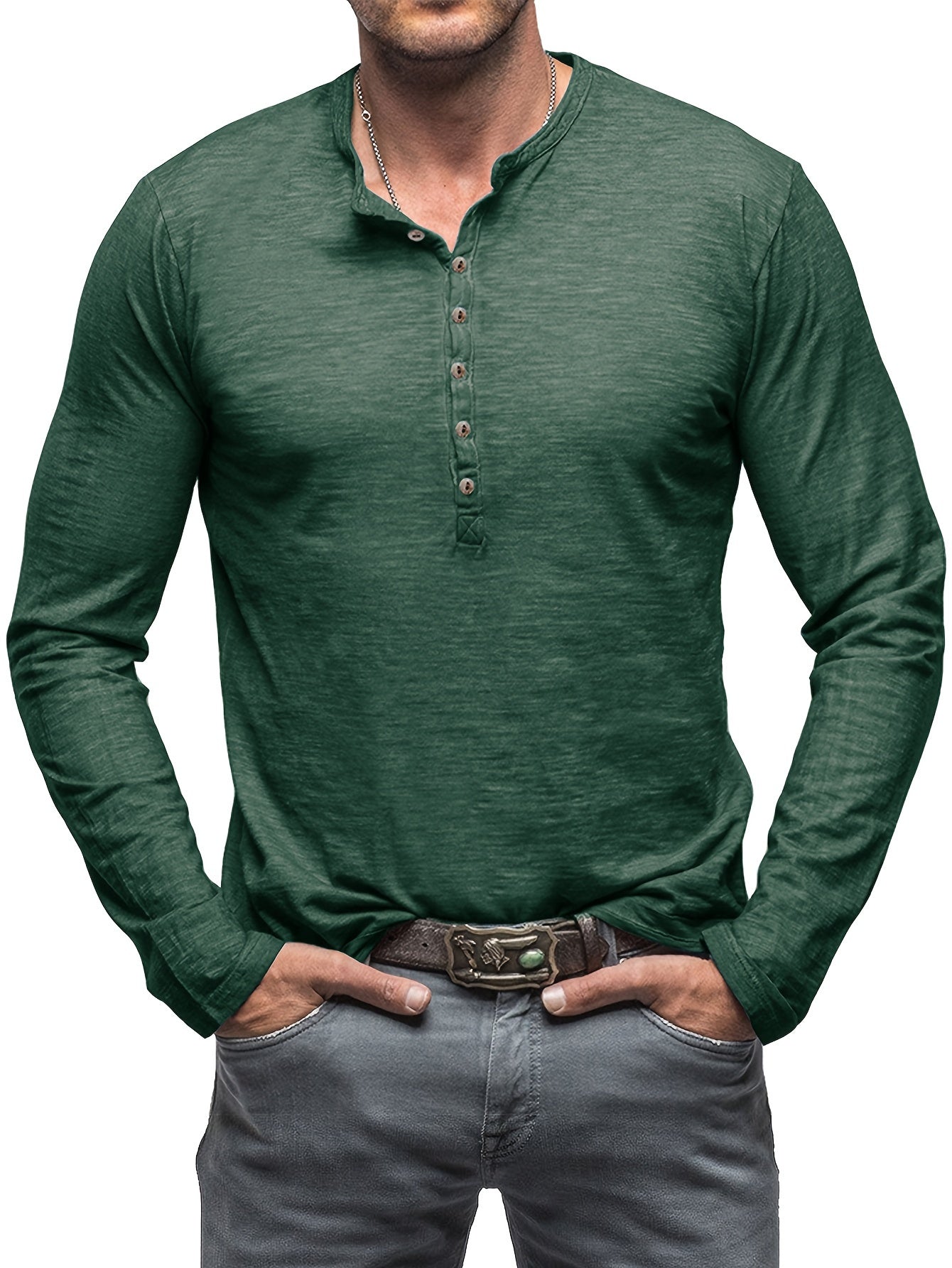 Solid Color Men's Long Sleeve Henley Shirt – Comfy, All-Match Casual Wear for Spring & Fall
