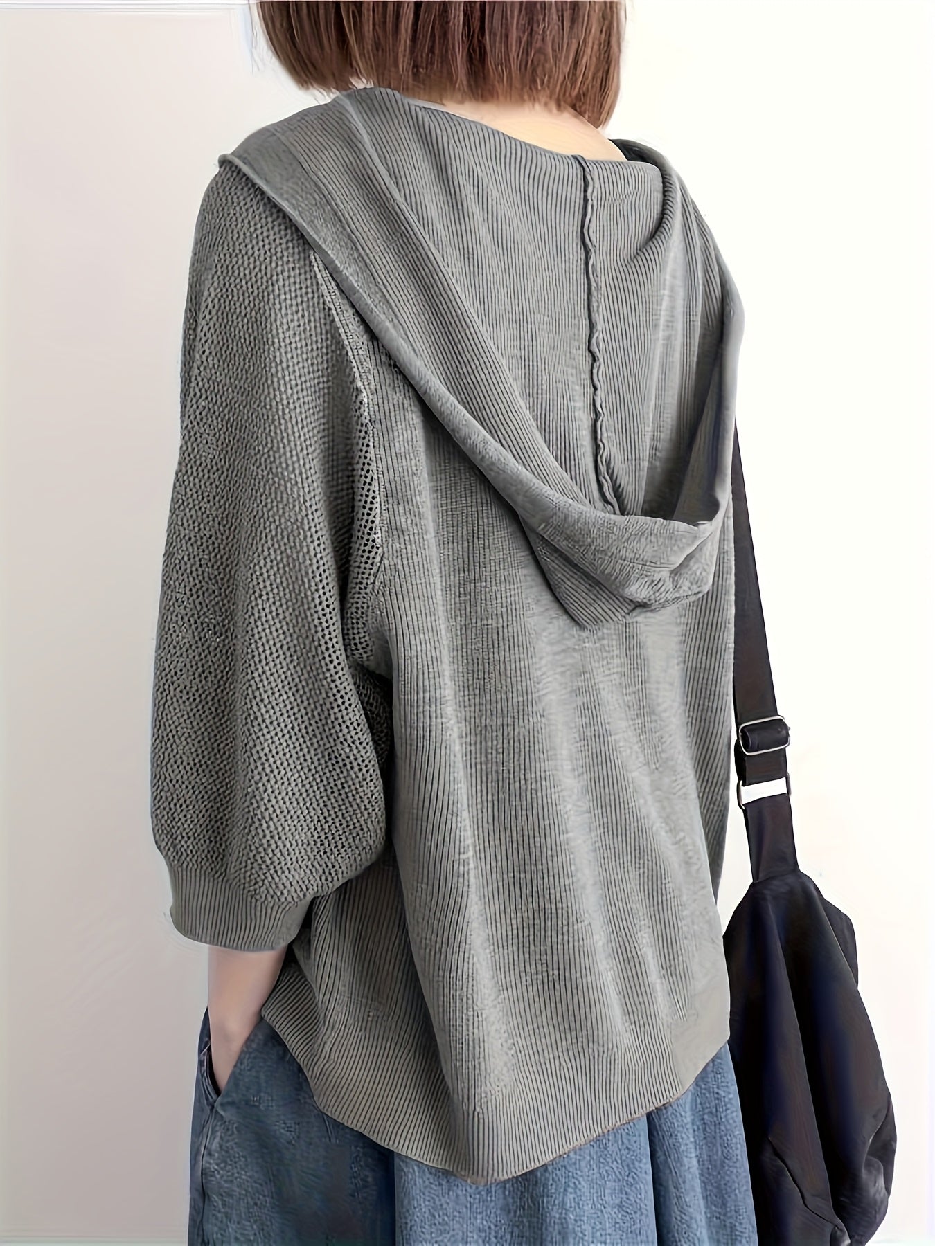 Women’s Lightweight V-Neck Cardigan – Hollow-Out 3/4 Sleeves, Stylish Spring & Fall Layer