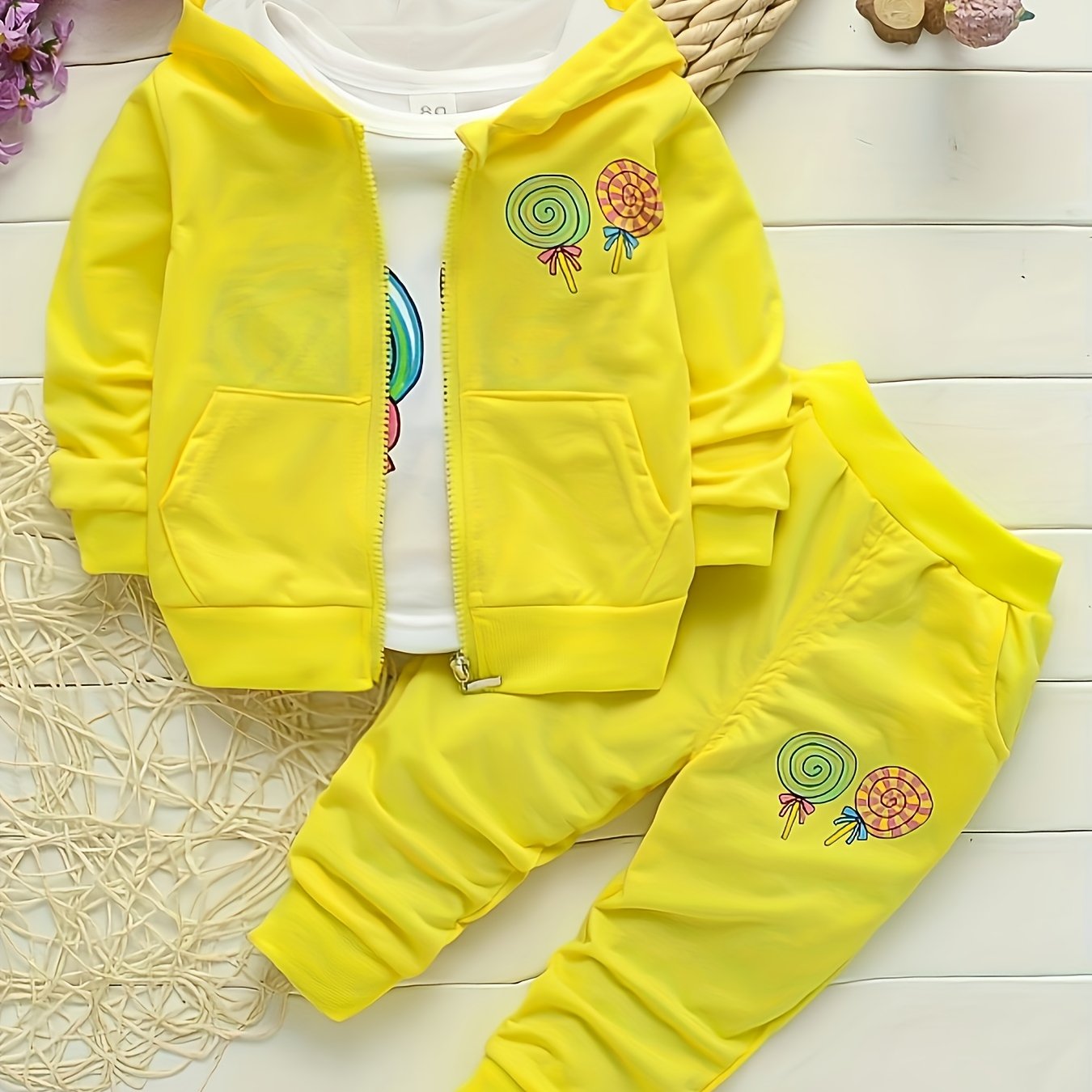 Girls’ 3PCS Long-Sleeve Outfit – Lollipop Print Hooded Sweatshirt Set for Spring/Autumn