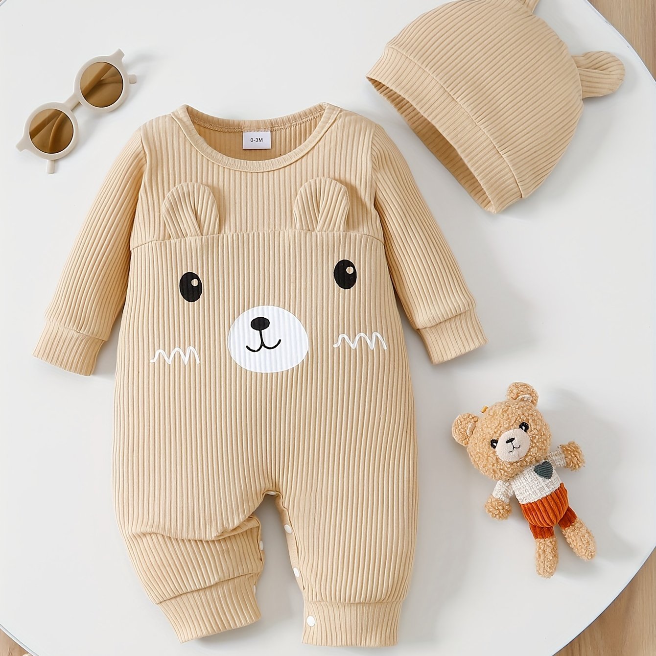 Baby 2PCS Outfit – 3D Bear Bodysuit & Hat Set, Playful Outdoor Wear