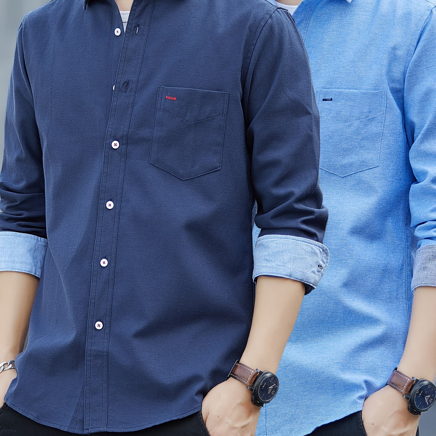 Men's Casual Button-Up Shirt with Contrast Cuffs & Chest Pocket – Embroidered Long Sleeve 2pcs Set, All-Season Wear