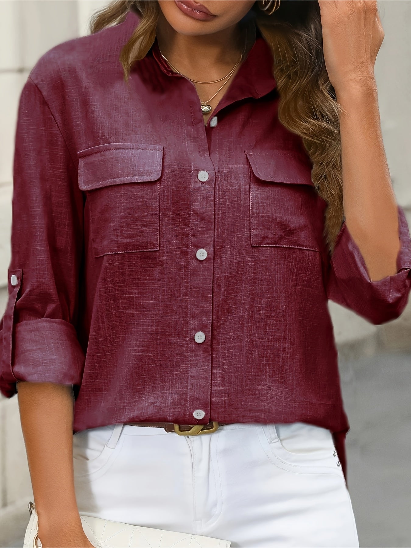 Blusa de manga comprida com botões para mulher – Camisa elegante para escritório e casual com gola clássica