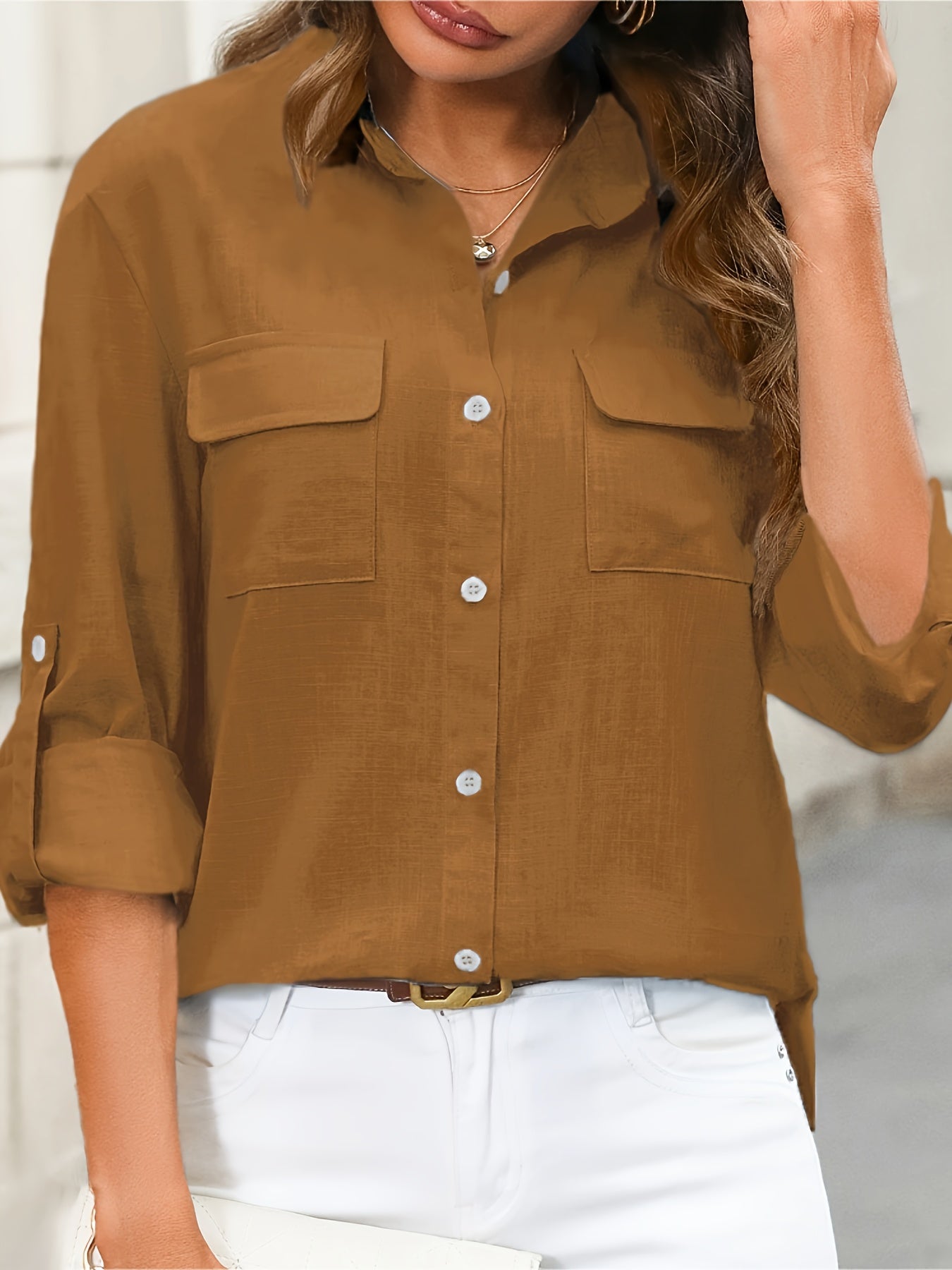 Blusa de manga comprida com botões para mulher – Camisa elegante para escritório e casual com gola clássica